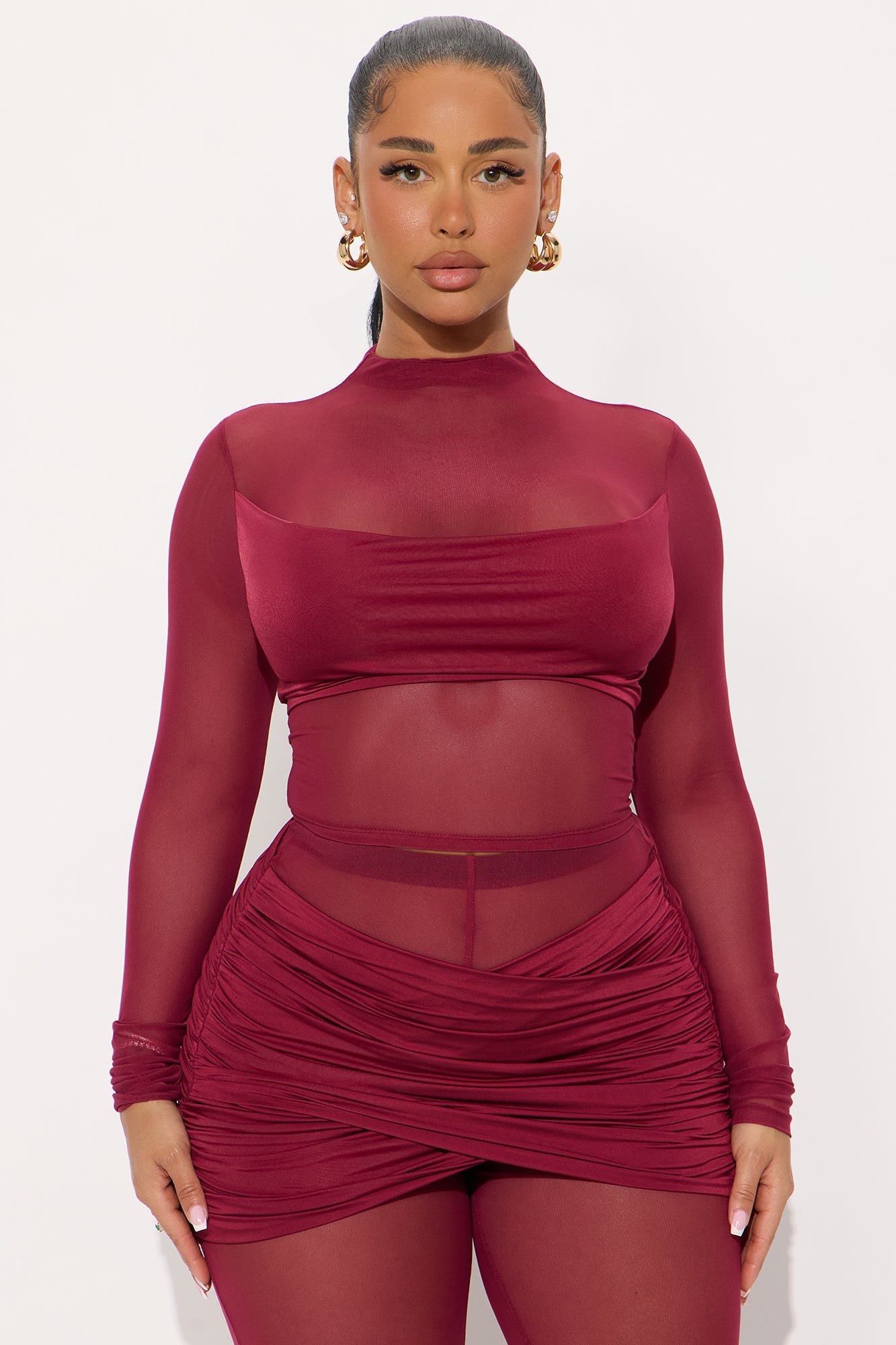 Lara Ruched Mesh Pant Set - Burgundy