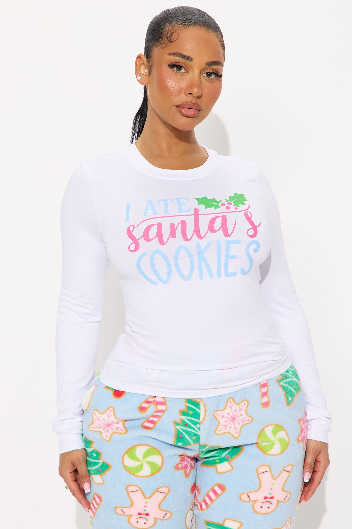 I Ate Santa's Cookies Long Sleeve Plush PJ Jogger Set - White/Blue