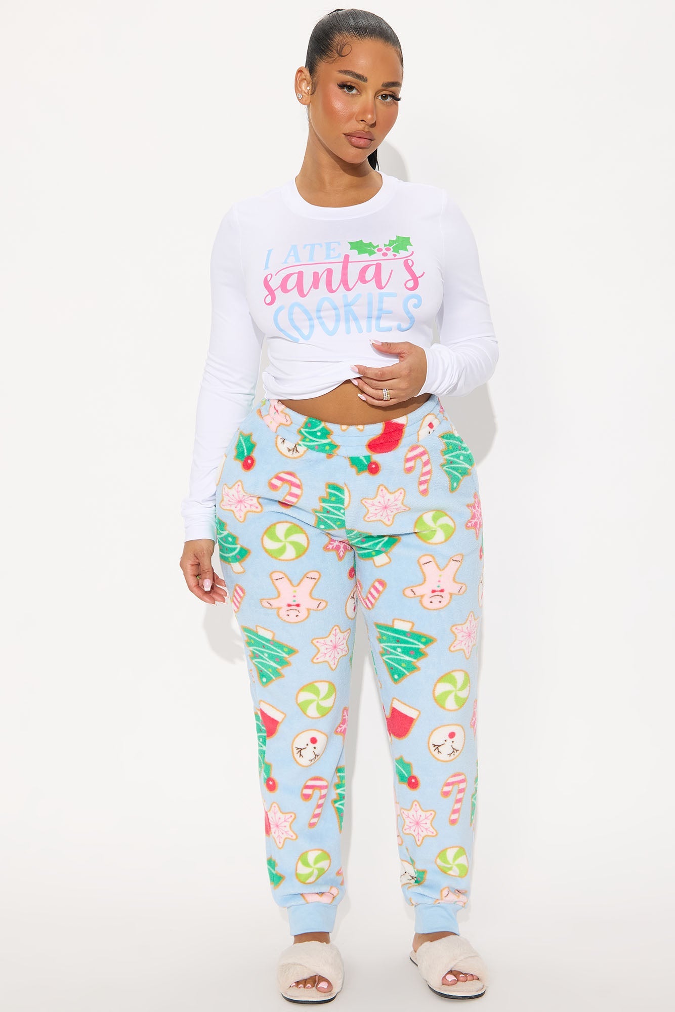I Ate Santa's Cookies Long Sleeve Plush PJ Jogger Set - White/Blue