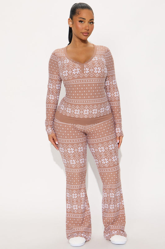 Winter Cutie Long Sleeve Foldover Flare PJ Pant Set - Mocha