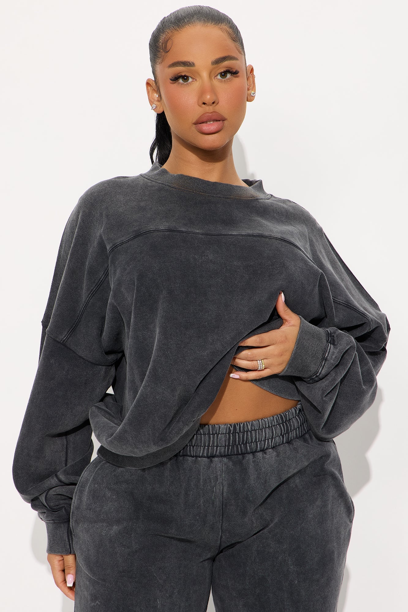 Rest And Repeat Washed Fleece Pant Set - Charcoal