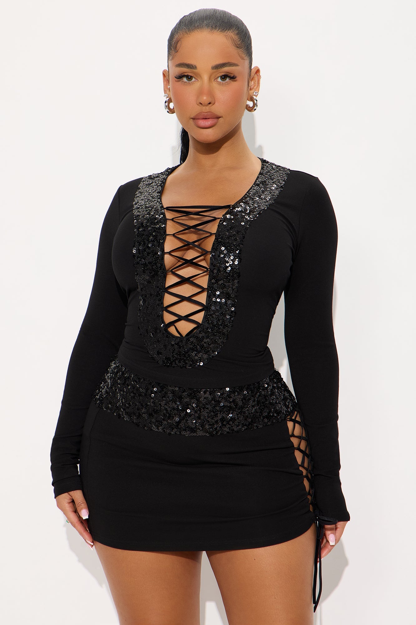 Backstage Pass Lace Up Mini Skirt Set - Black