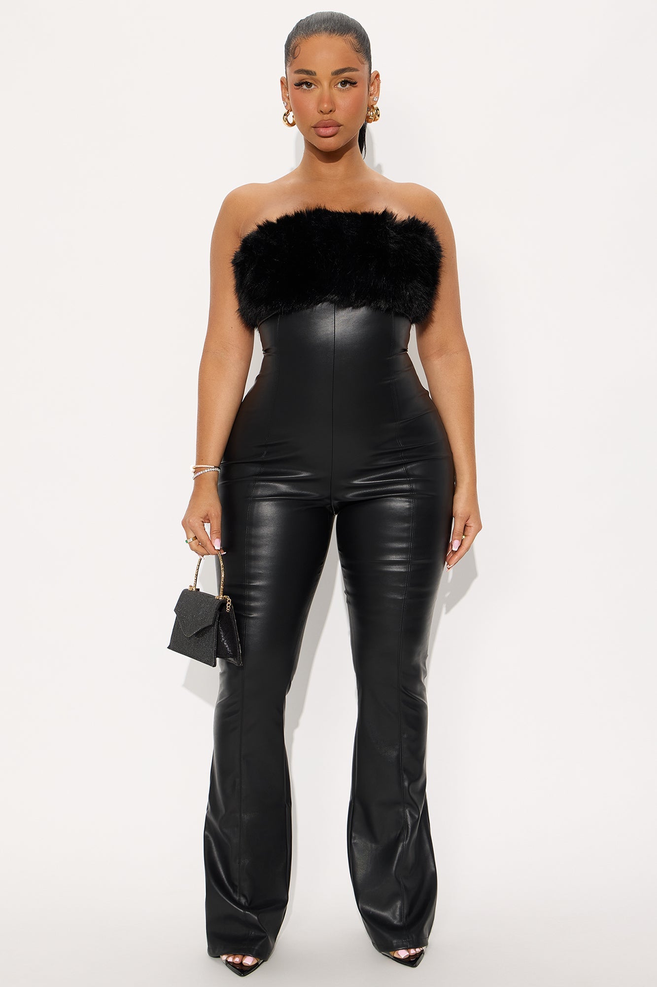 Romina Faux Leather Fur Trim Jumpsuit - Black