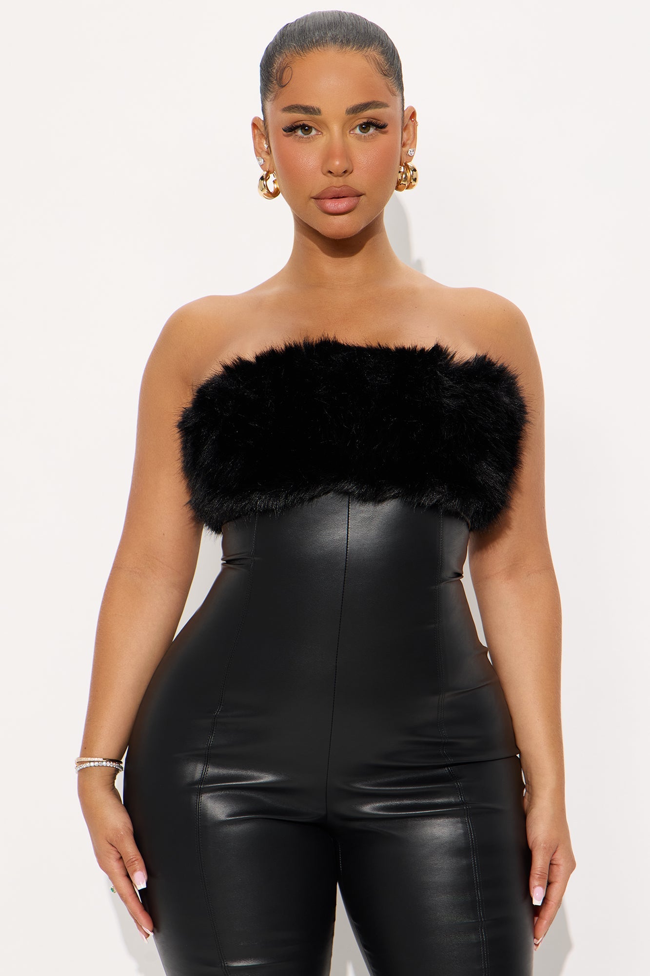 Romina Faux Leather Fur Trim Jumpsuit - Black