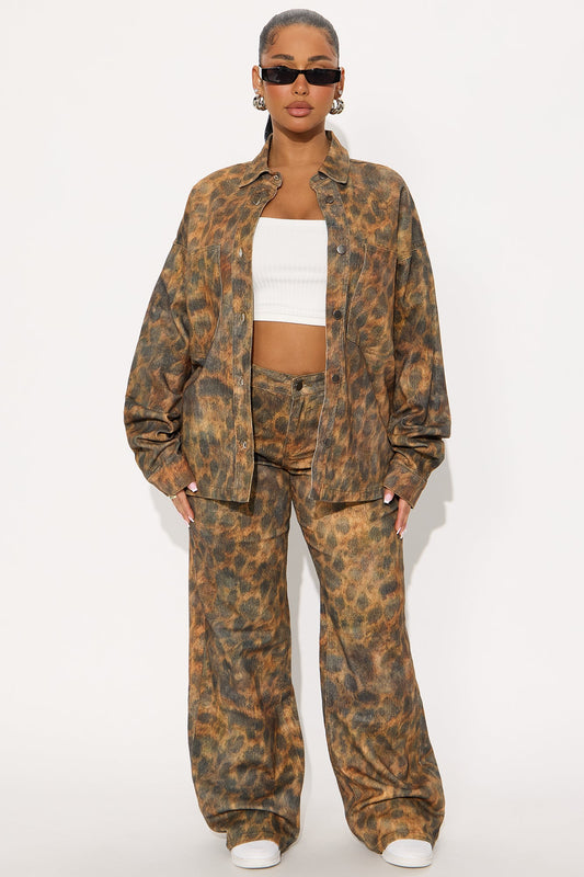 Hot Spots Leopard Shacket Pant Set - Brown/combo