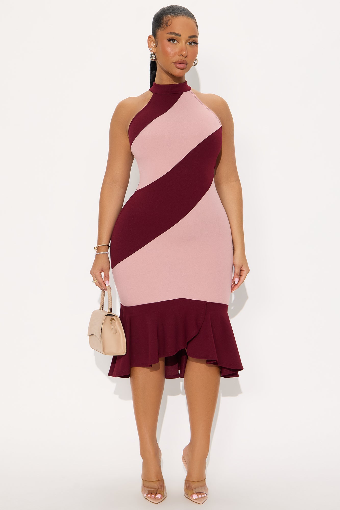 Bria Peplum Striped Midi Dress - Burgundy/combo