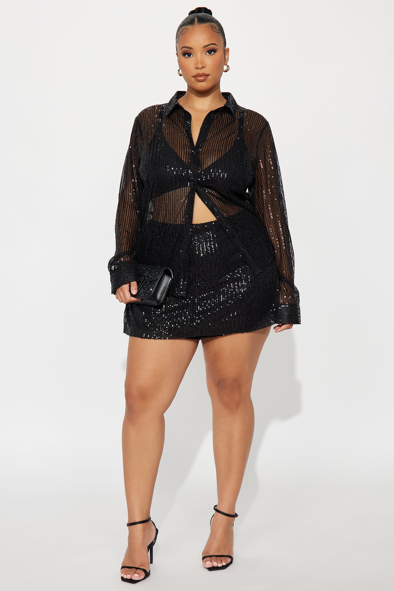 Harper Sequin Long Sleeve Skort Set - Black