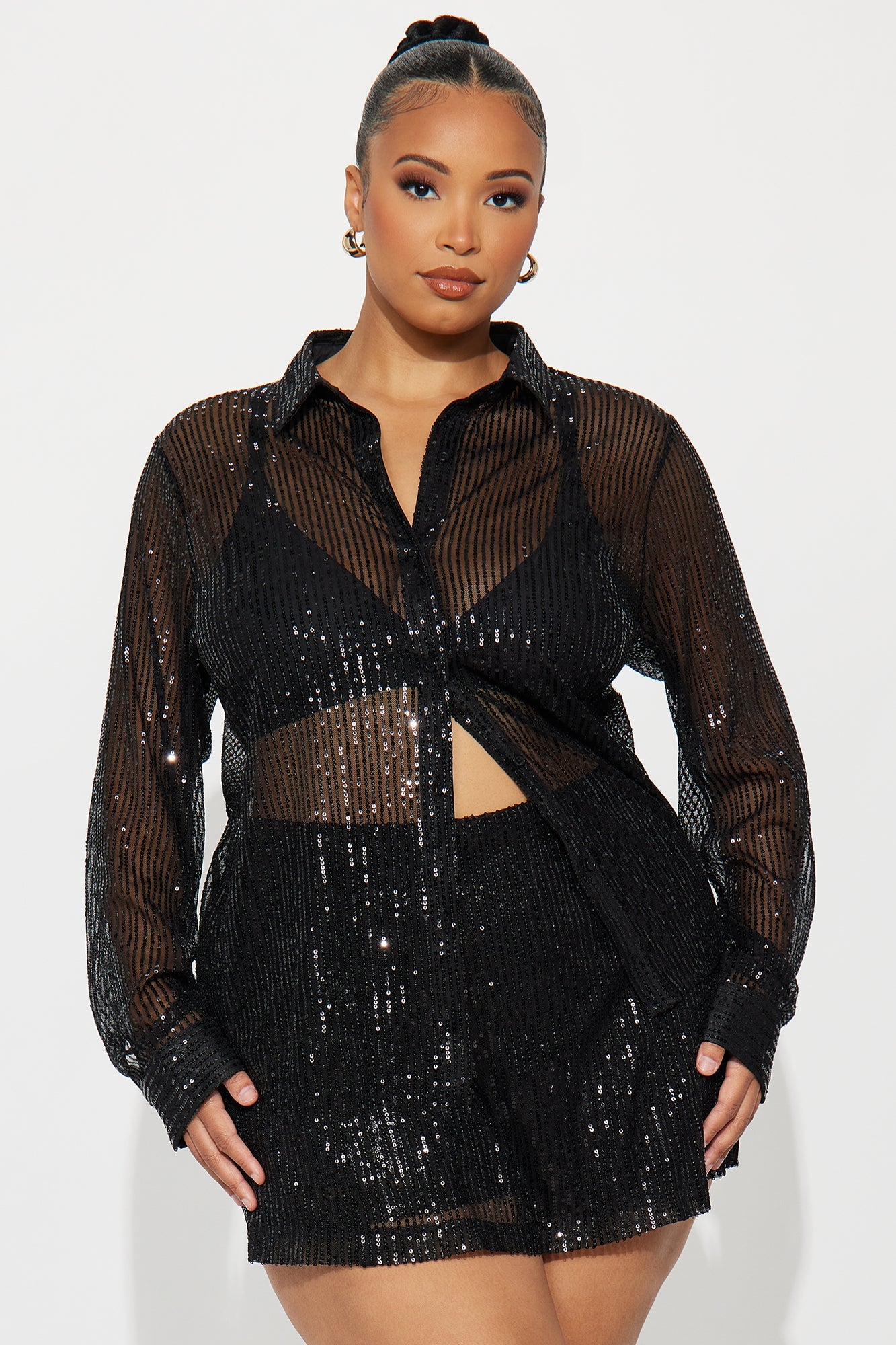 Harper Sequin Long Sleeve Skort Set - Black