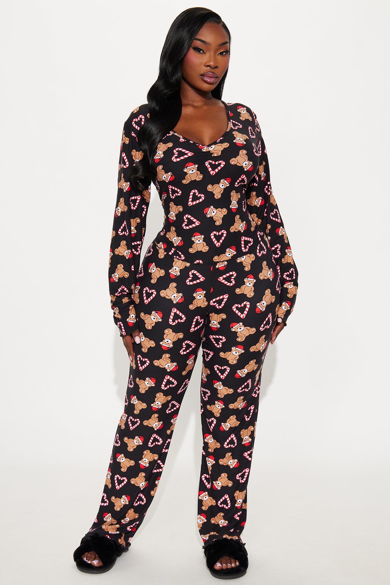 Candy Cane Teddy Long Sleeve PJ Pant Set - Black/Red