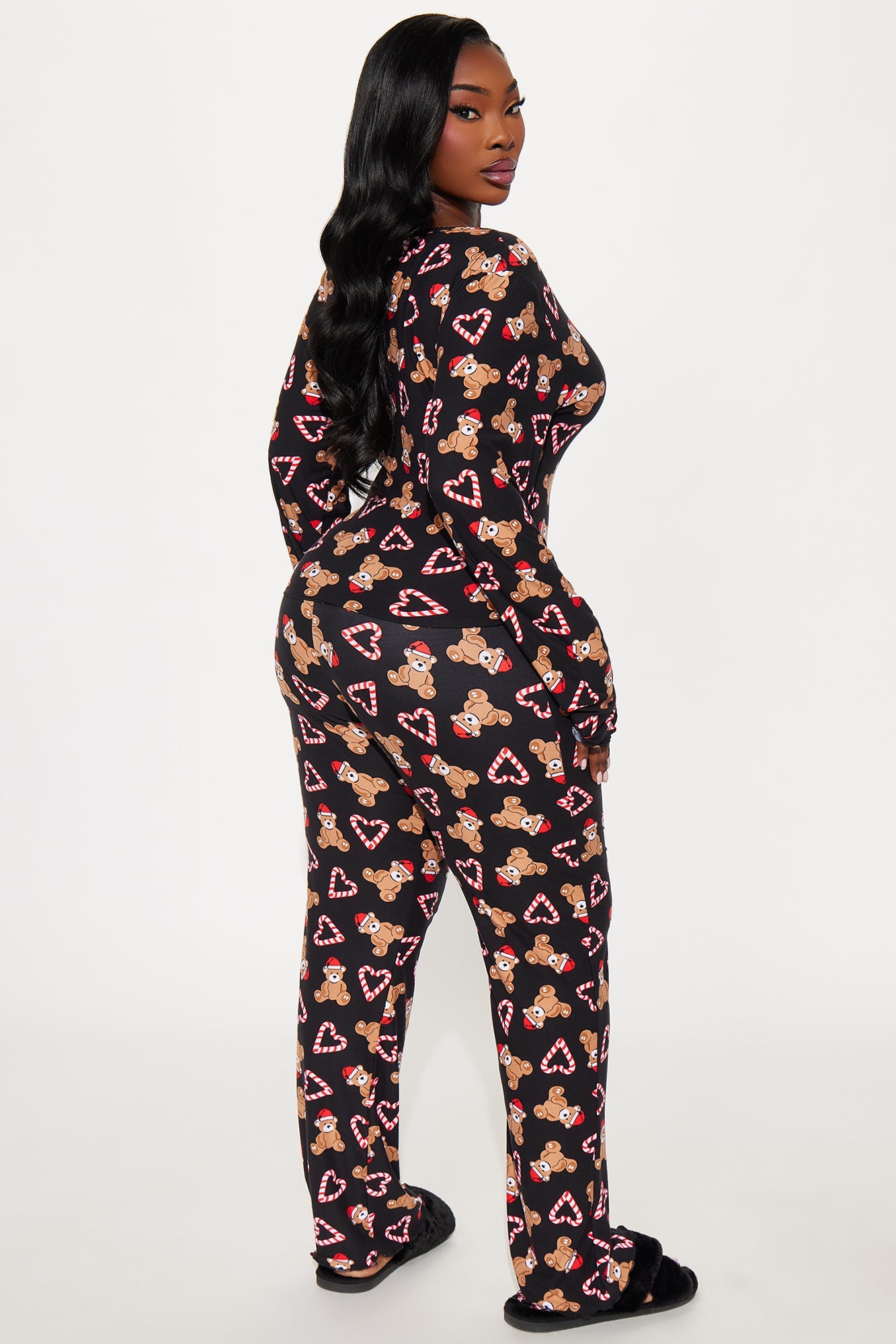 Candy Cane Teddy Long Sleeve PJ Pant Set - Black/Red