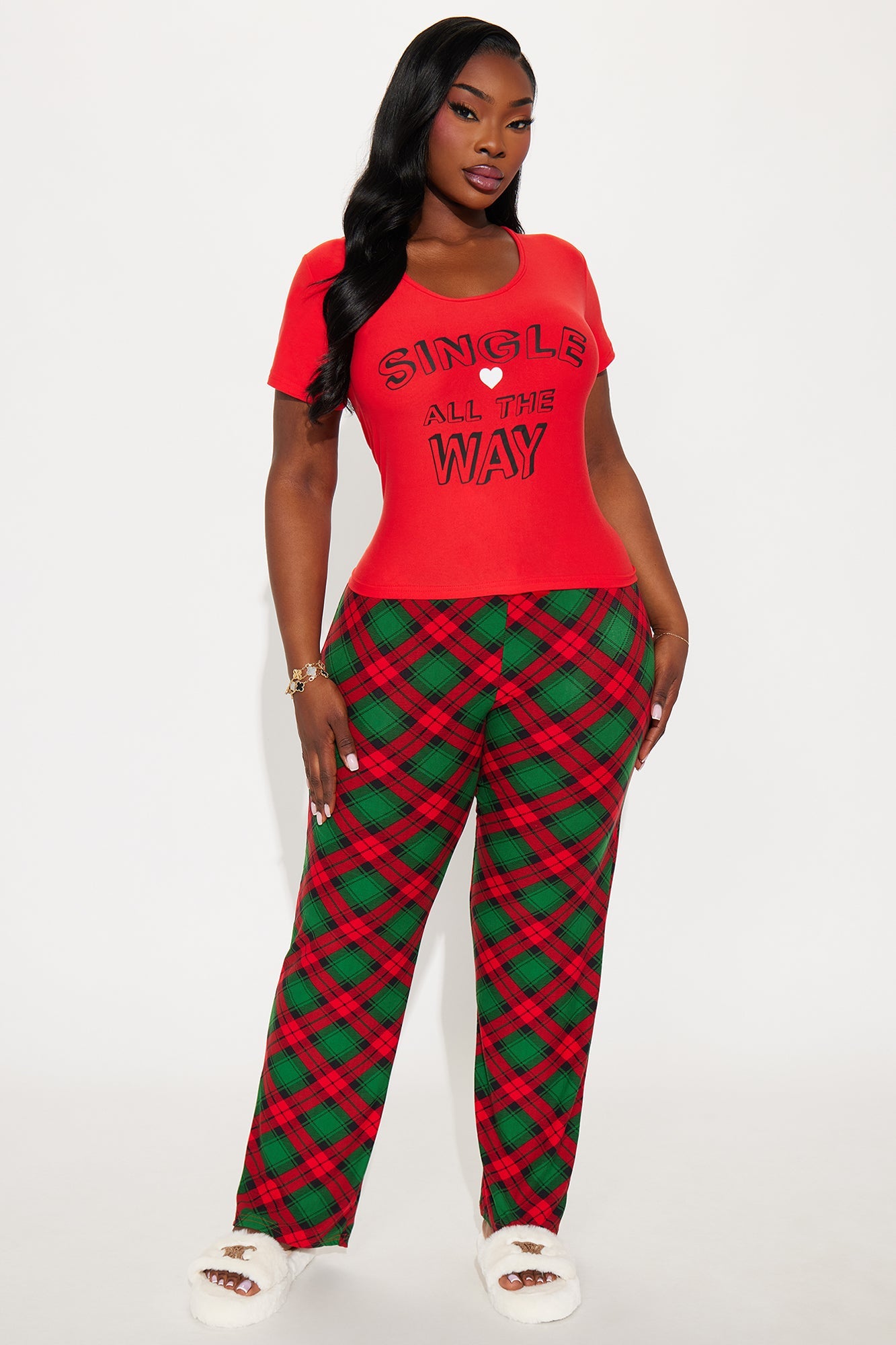 Single All The Way Short Sleeve Plush PJ Pant Set - Red/combo