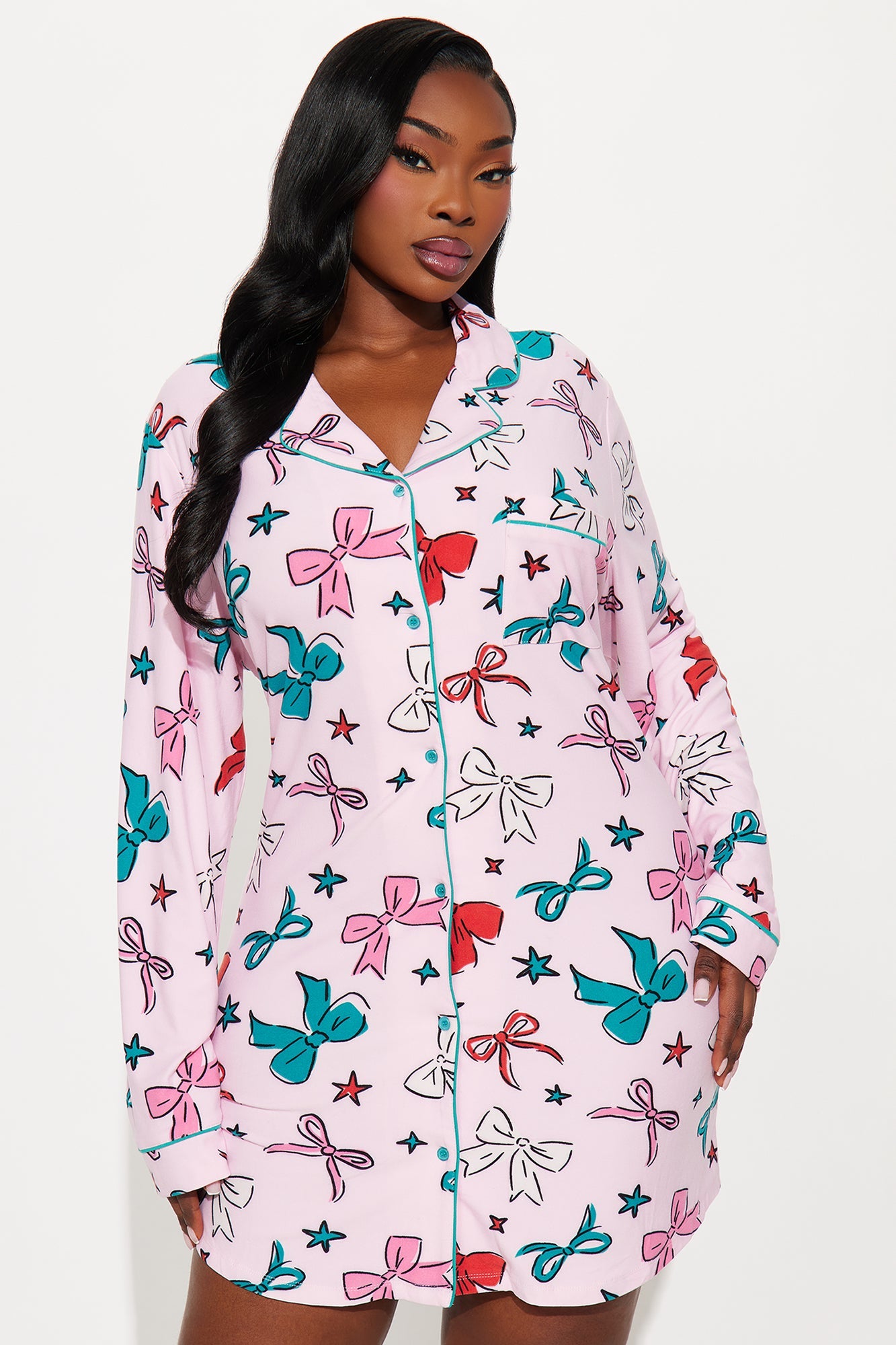 Wrapped In Bows Long Sleeve PJ Sleep Shirt - Pink/combo