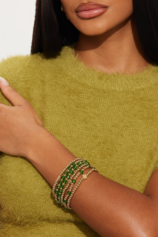 Lucky You Beaded 6 Piece Bracelet Set - Gold/Green