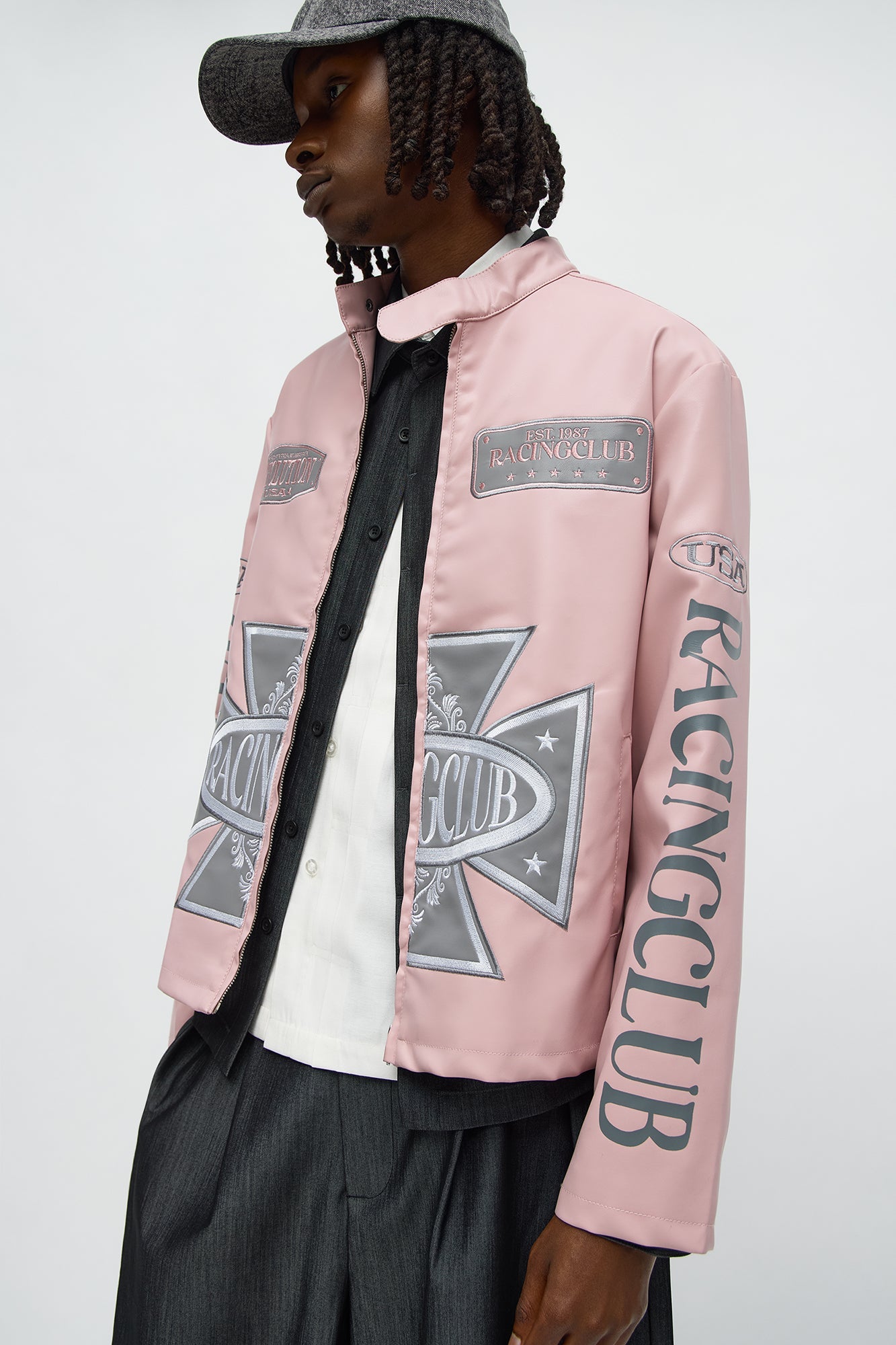 Faux Leather Racing Club Moto Jacket - Pink/combo