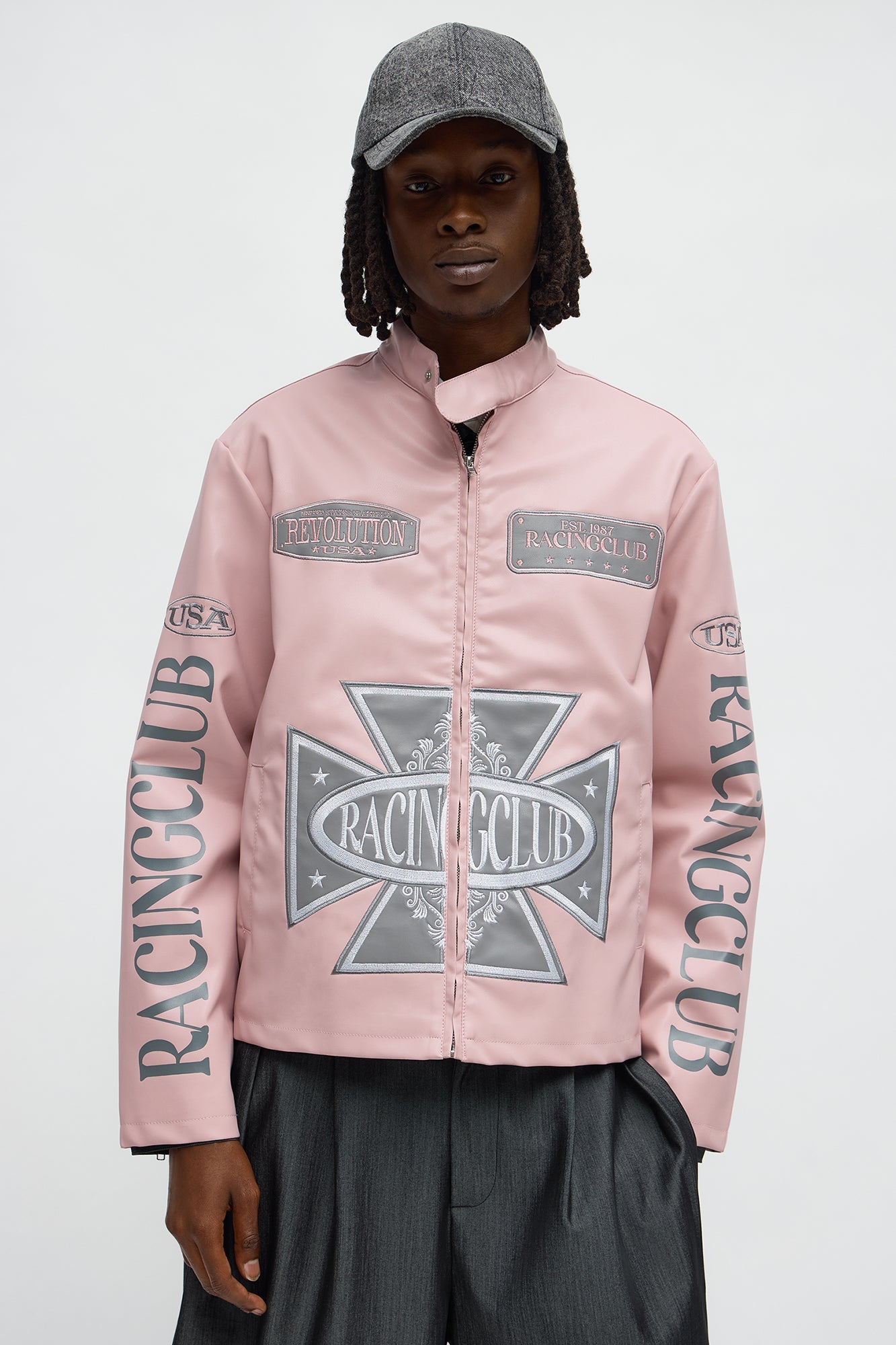 Faux Leather Racing Club Moto Jacket - Pink/combo