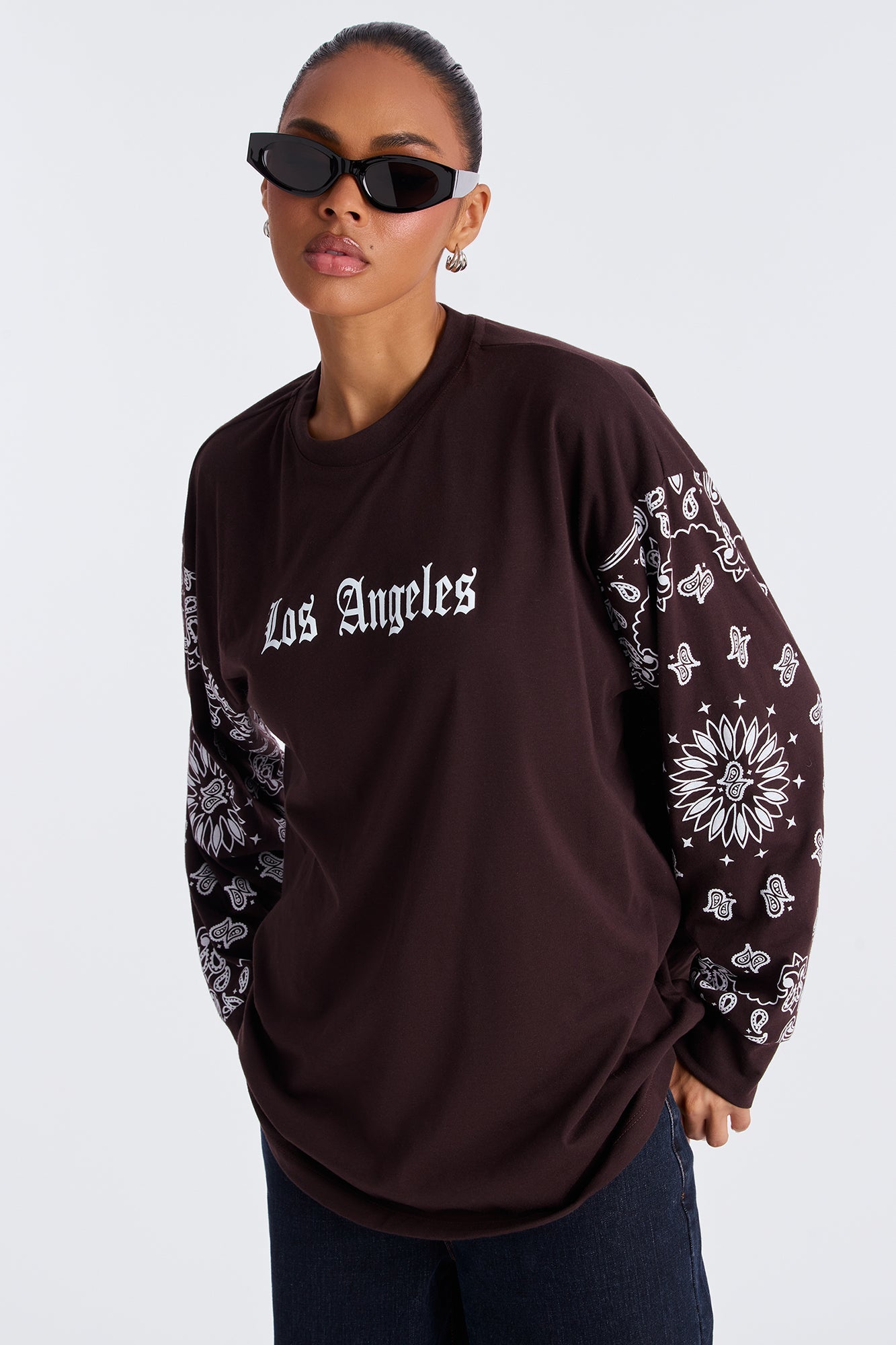 City of Angels Bandana Oversize Long Sleeve Crew Neck - Chocolate