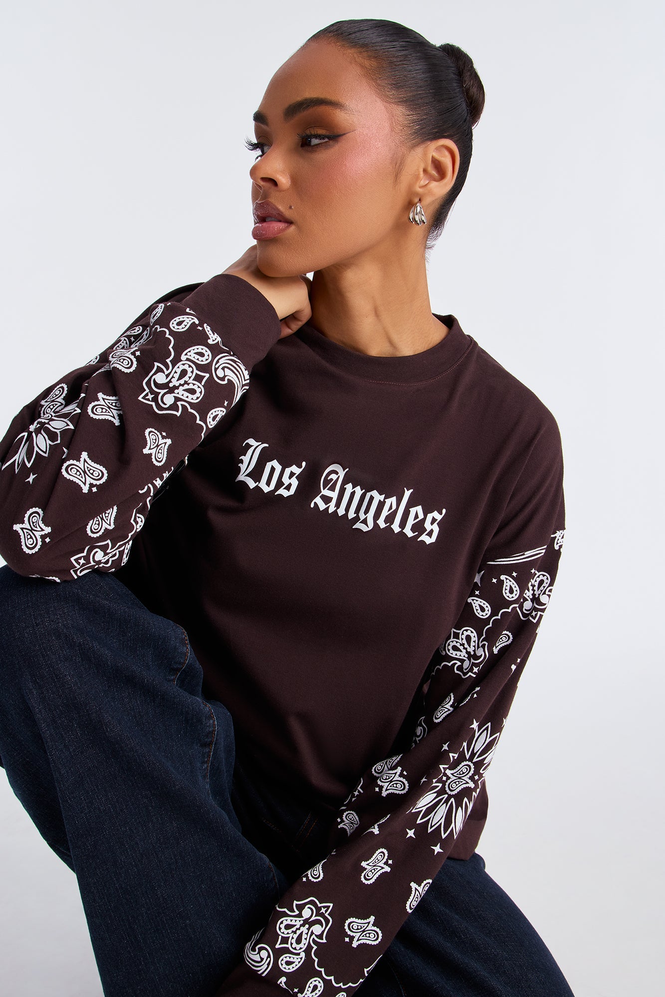 City of Angels Bandana Oversize Long Sleeve Crew Neck - Chocolate