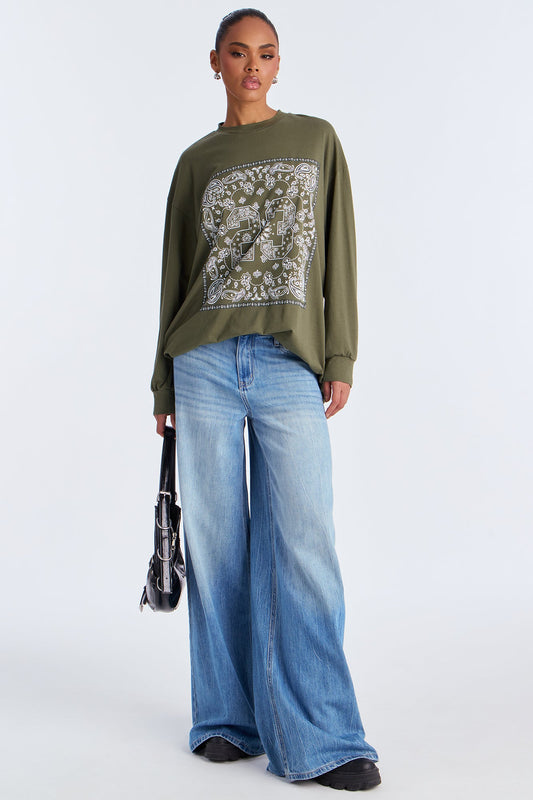 Bandana Babe Long Sleeve Crew Neck Tshirt - Dark Olive