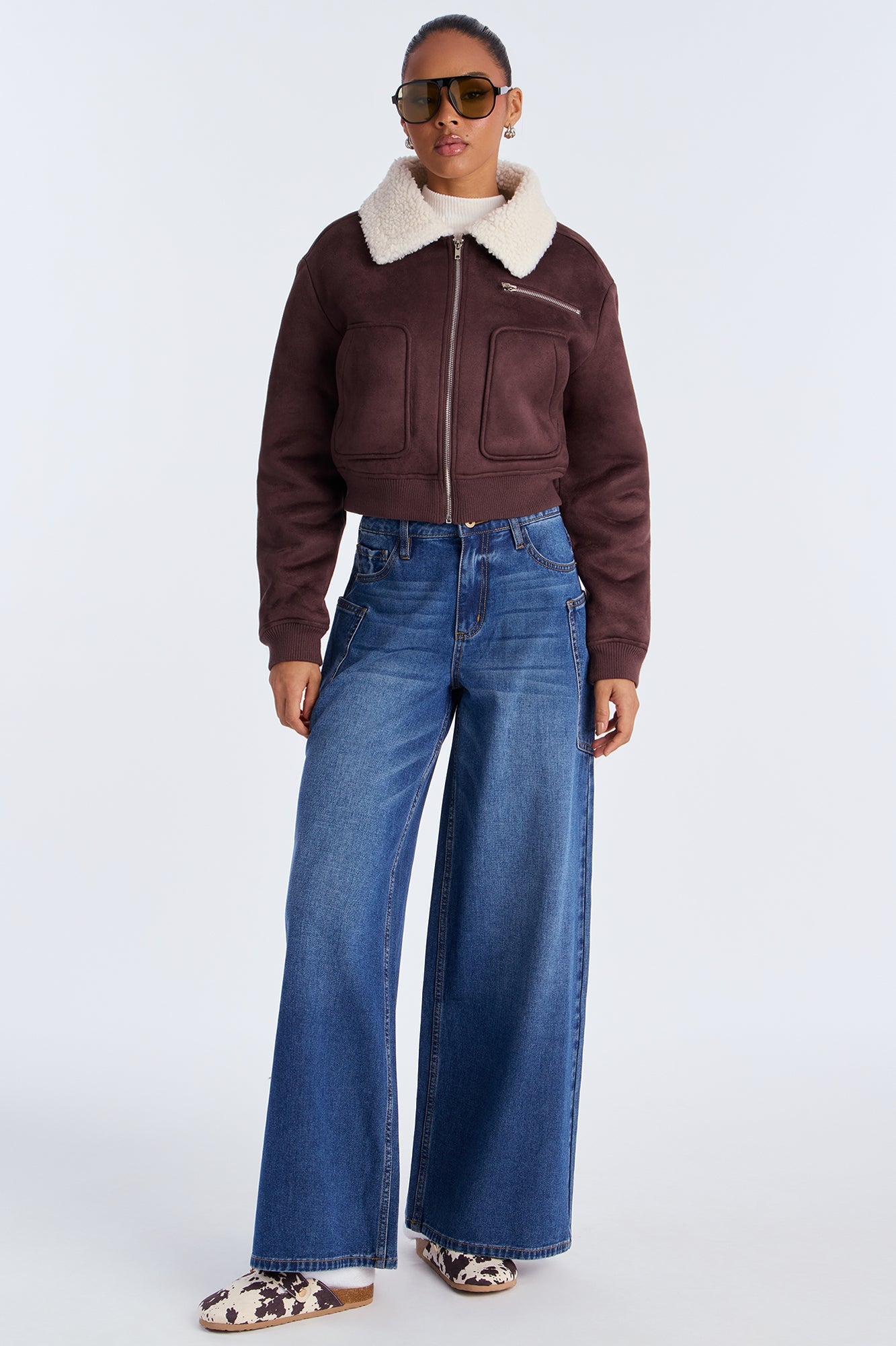 Jasmine Faux Suede Bomber Jacket - Chocolate