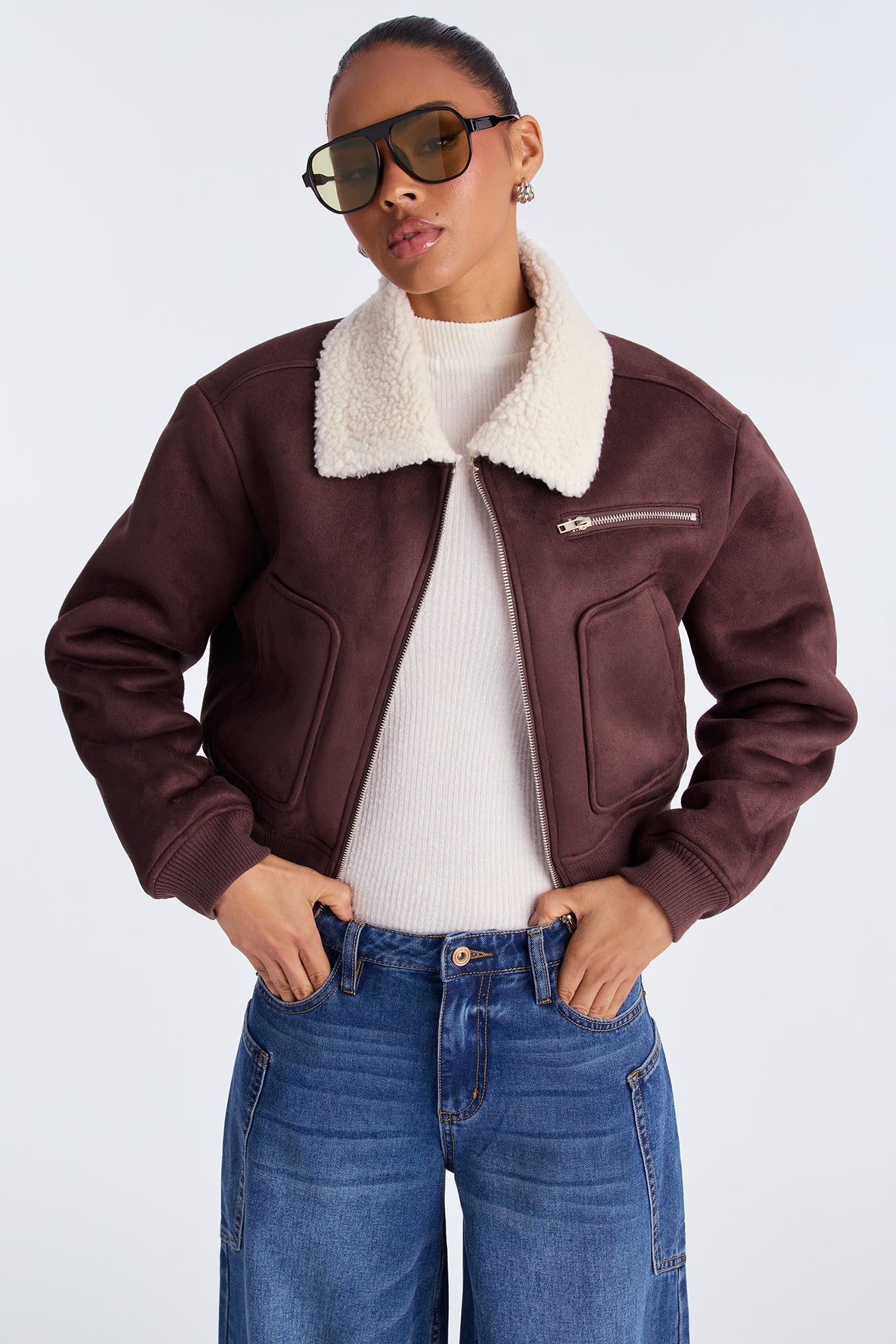 Jasmine Faux Suede Bomber Jacket - Chocolate