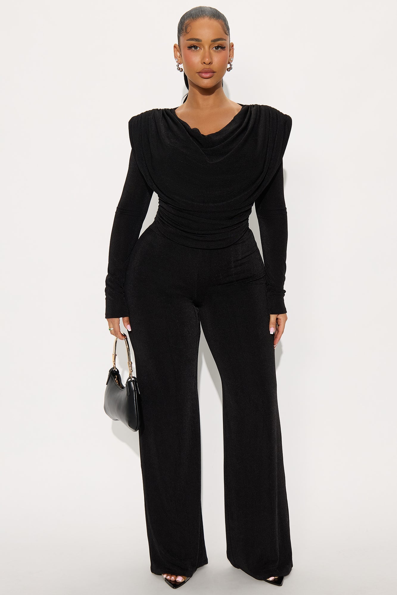 Bianca Bold Shoulder Cowl Neck Pant Set - Black