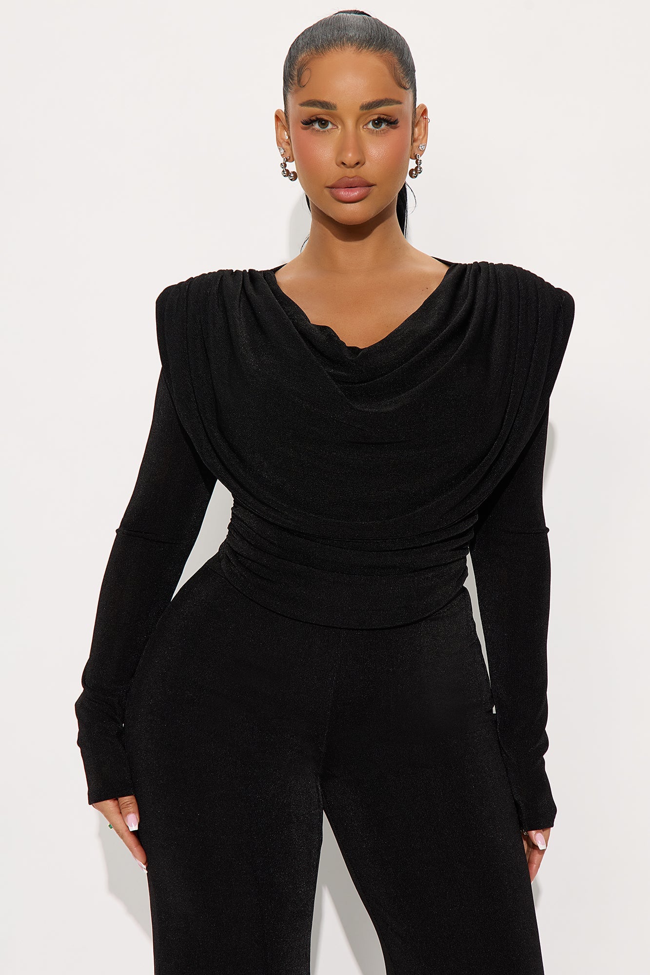 Bianca Bold Shoulder Cowl Neck Pant Set - Black