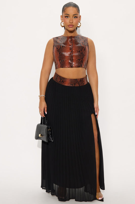 Trinity Snake Print Faux Leather Chiffon Skirt Set - Black/combo