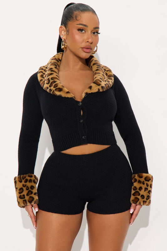 Ashton Faux Fur Trim Cardigan Short Set - Black