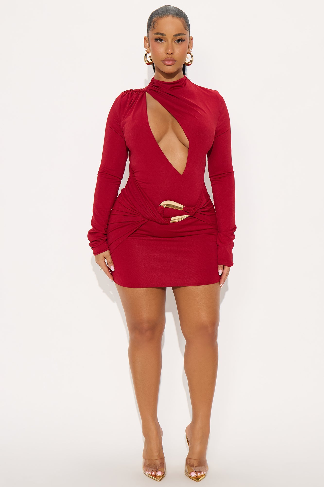 Cynthia Cut Out Long Sleeve Mini Dress - Red