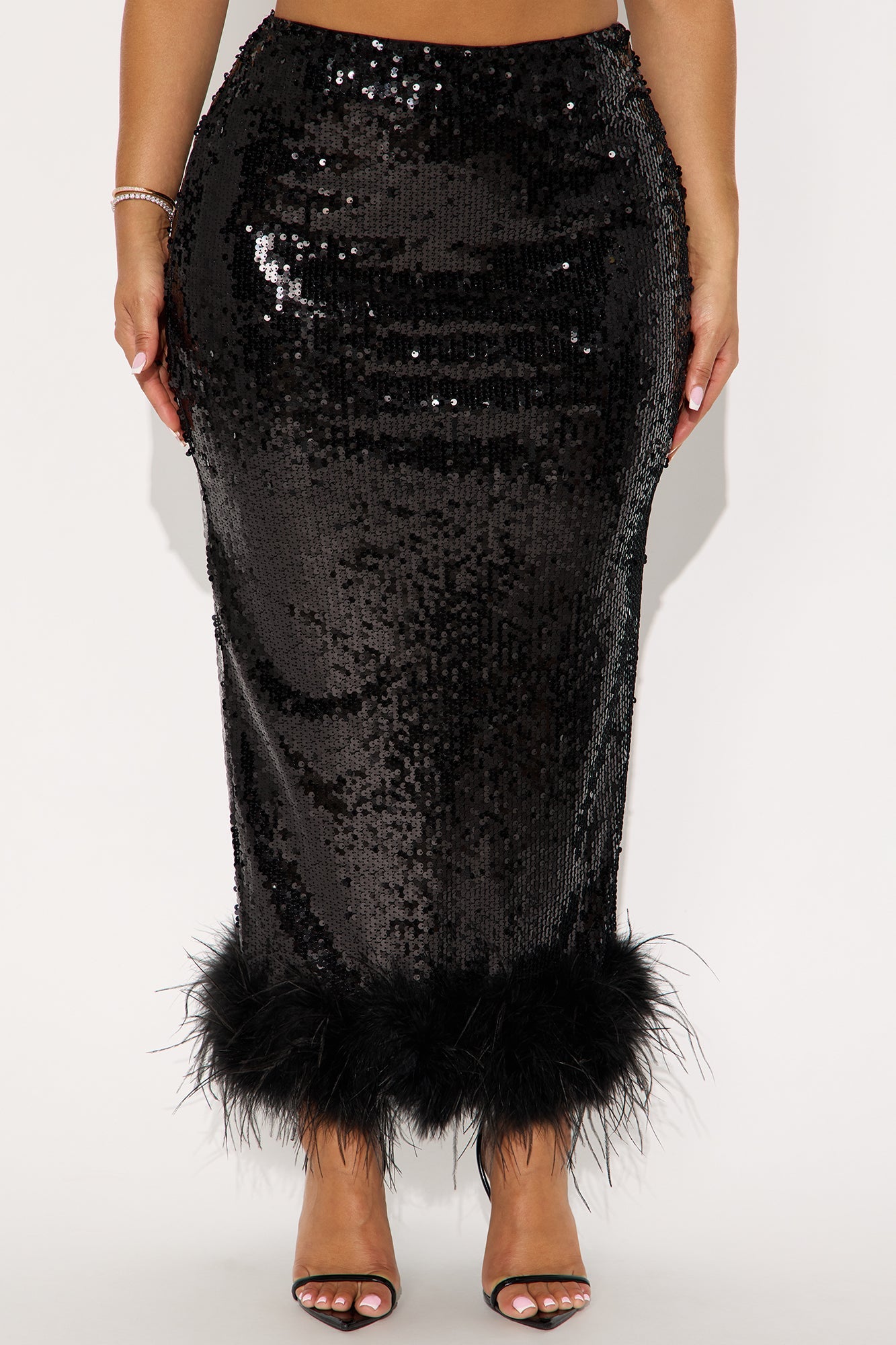 All Night Long Sequin Feathered Maxi Skirt - Black