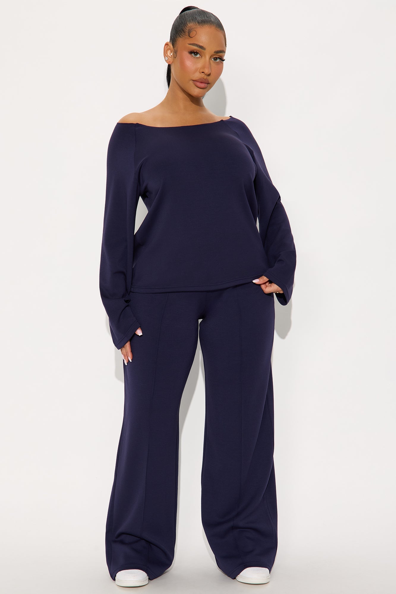 Stephanie Ultra Soft Off Shoulder Sweatshirt - Navy