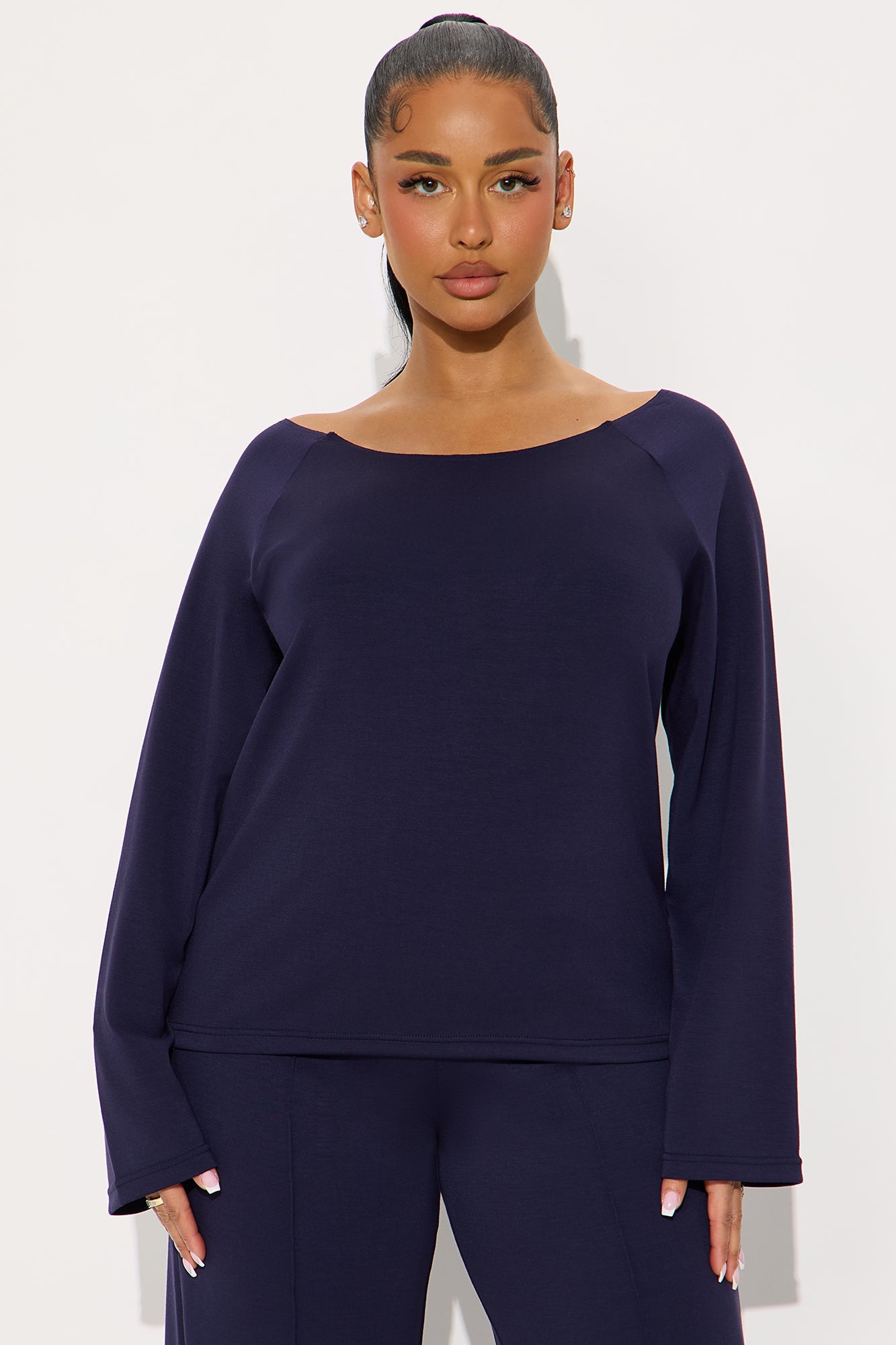 Stephanie Ultra Soft Off Shoulder Sweatshirt - Navy