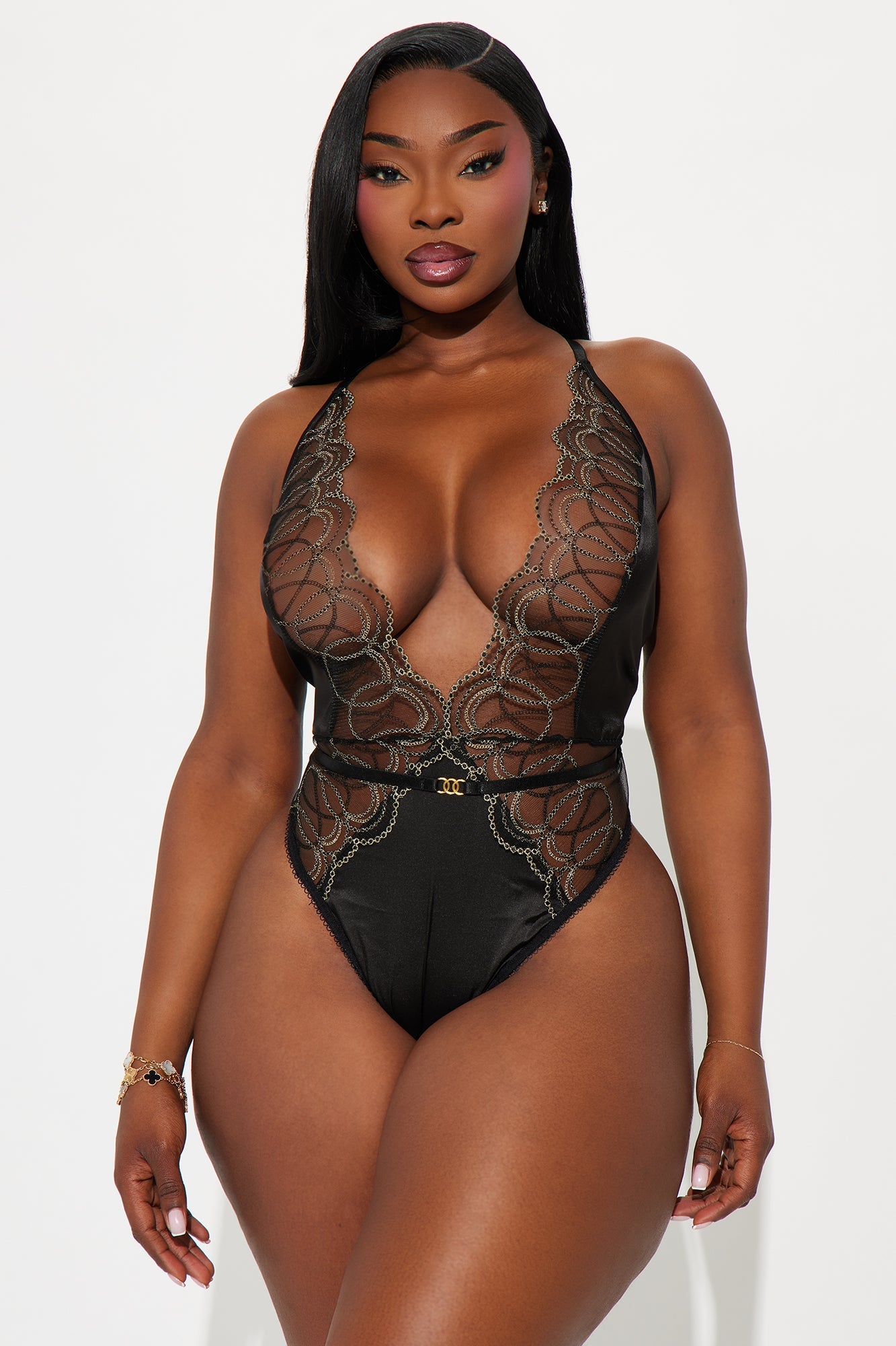 Barely Laced Satin Embroidered Lace Teddy - Black