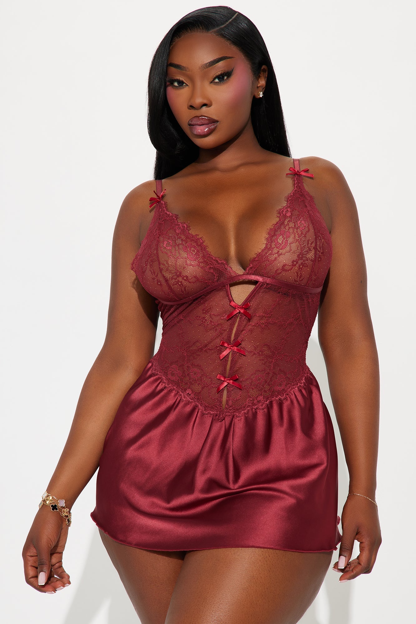 La Vie En Lace Satin Babydoll - Wine