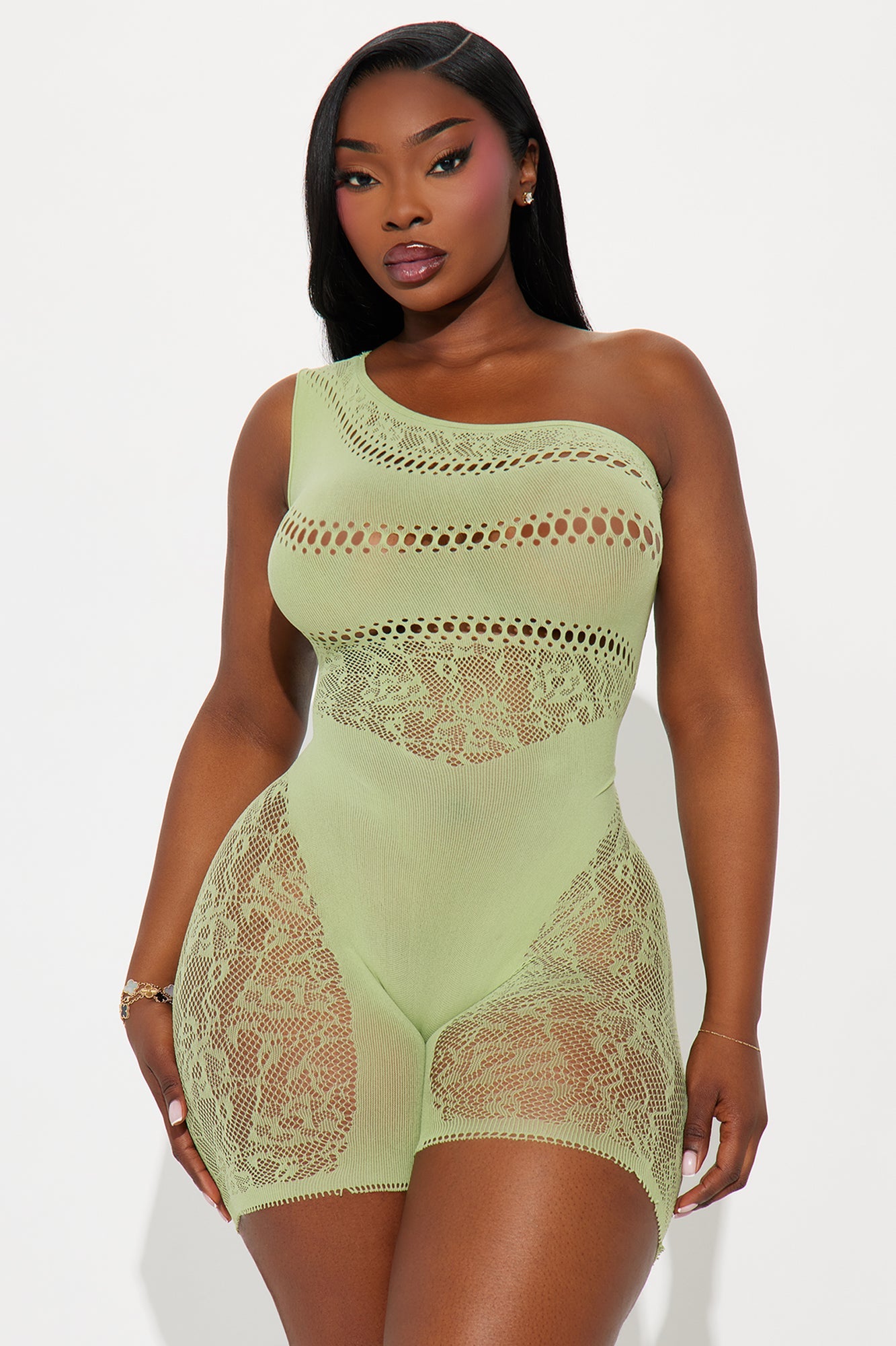 Just One Night One Shoulder Fishnet Romper Bodystocking - Lime