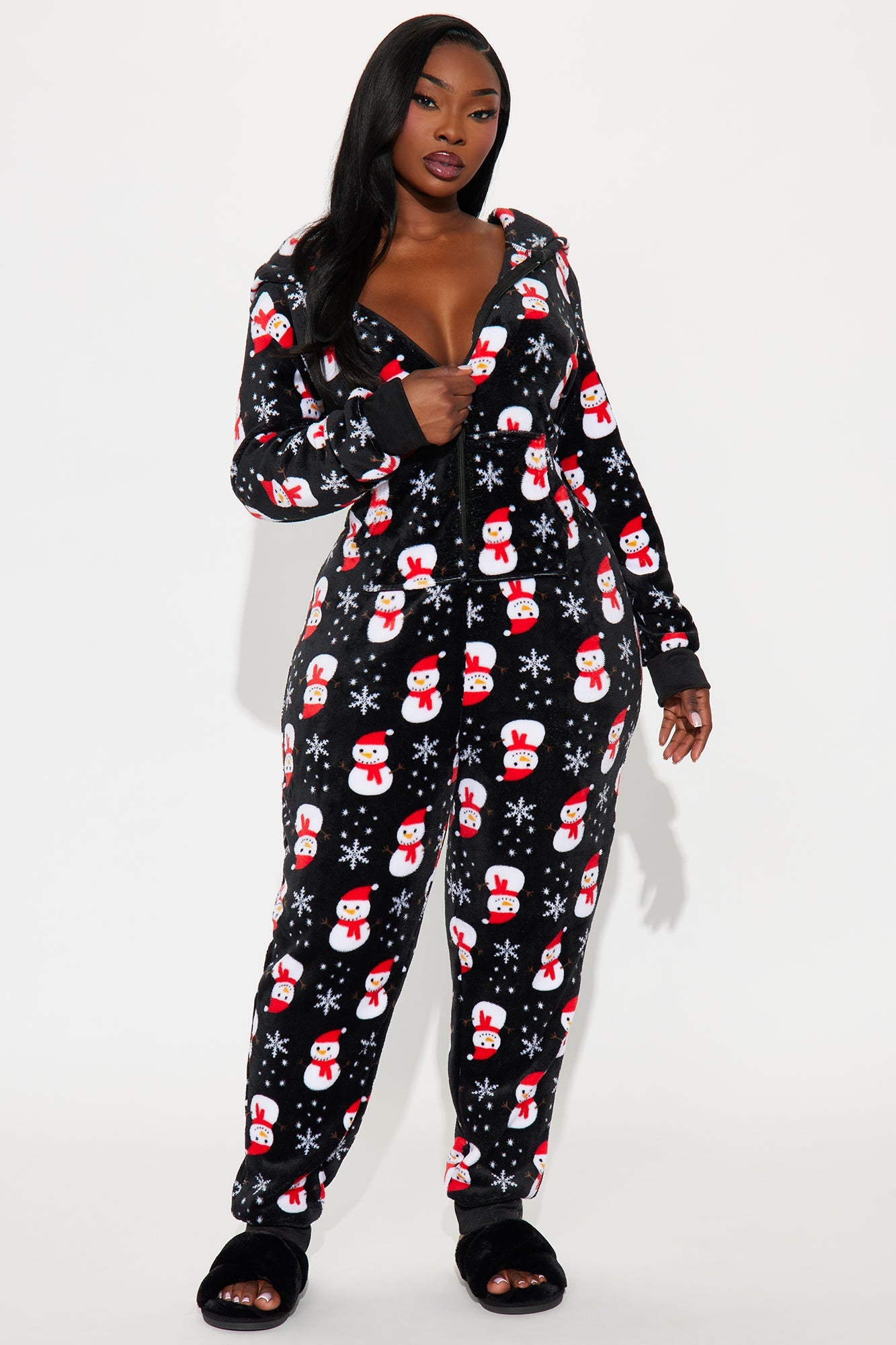 Cozy Snowman Matching Family Plush Hoodie PJ Jumpsuit Onesie - Black/combo