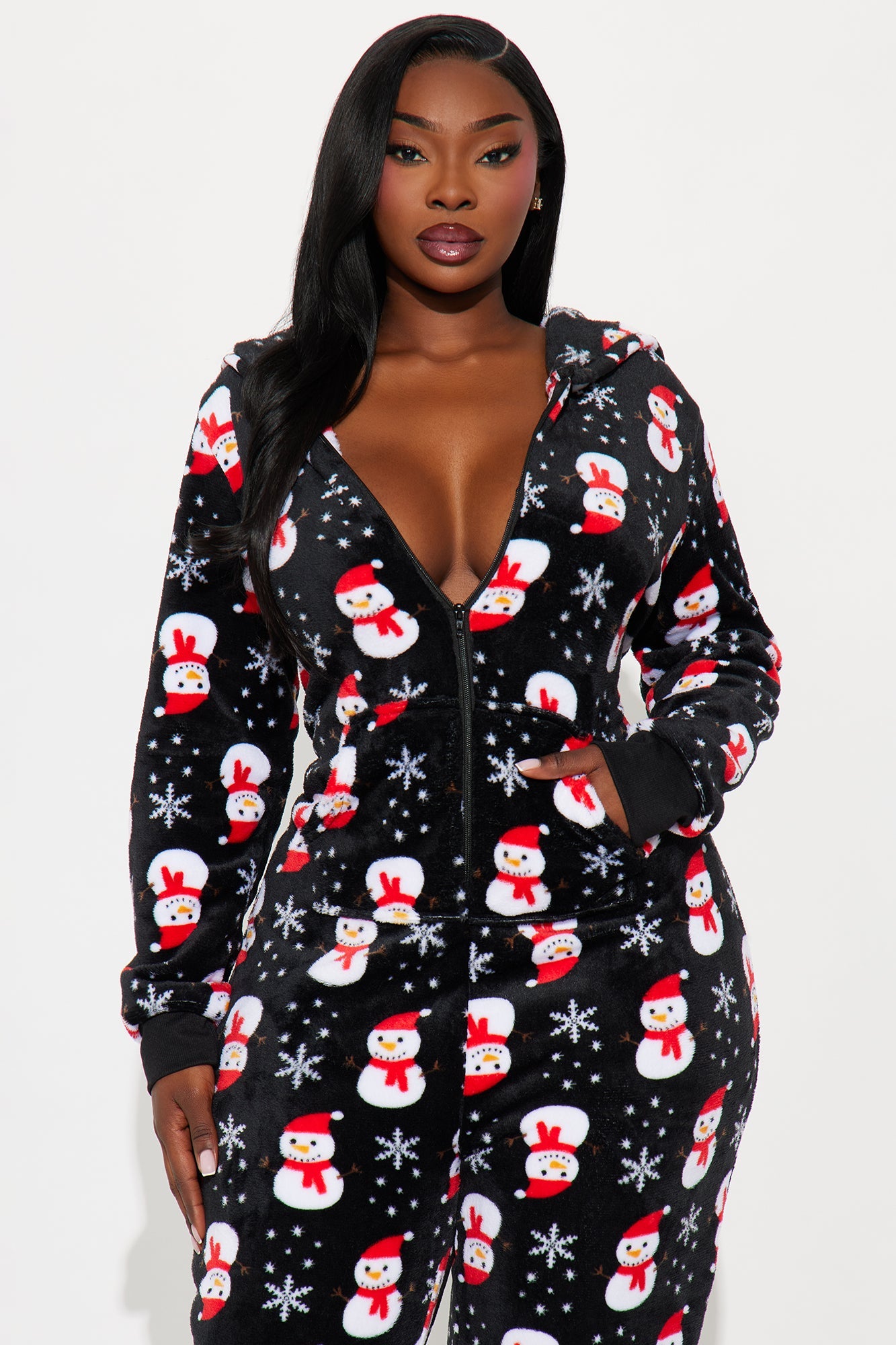 Cozy Snowman Matching Family Plush Hoodie PJ Jumpsuit Onesie - Black/combo