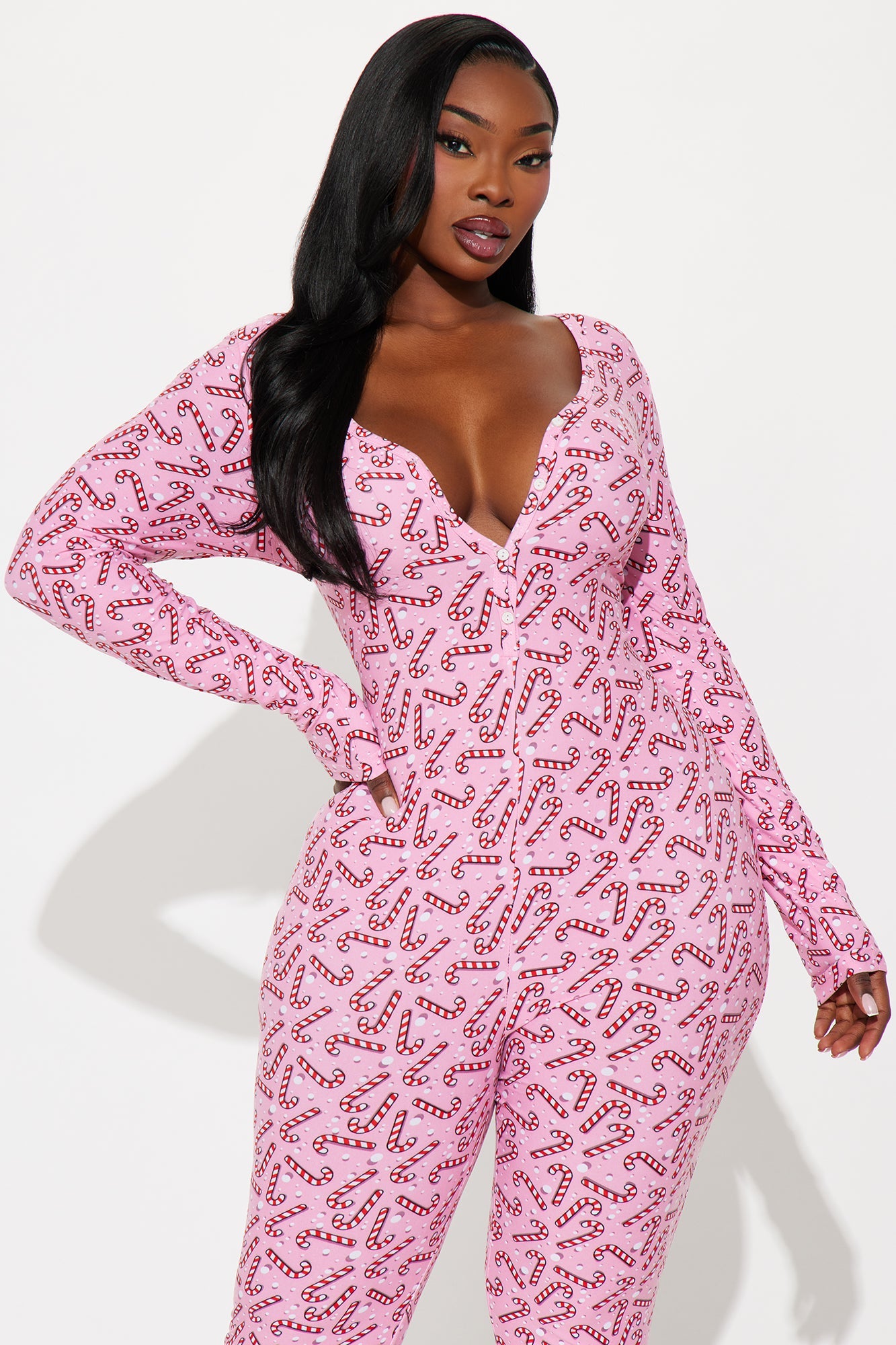 Sweet Candy Cane Long Sleeve PJ Jumpsuit Onesie - Pink