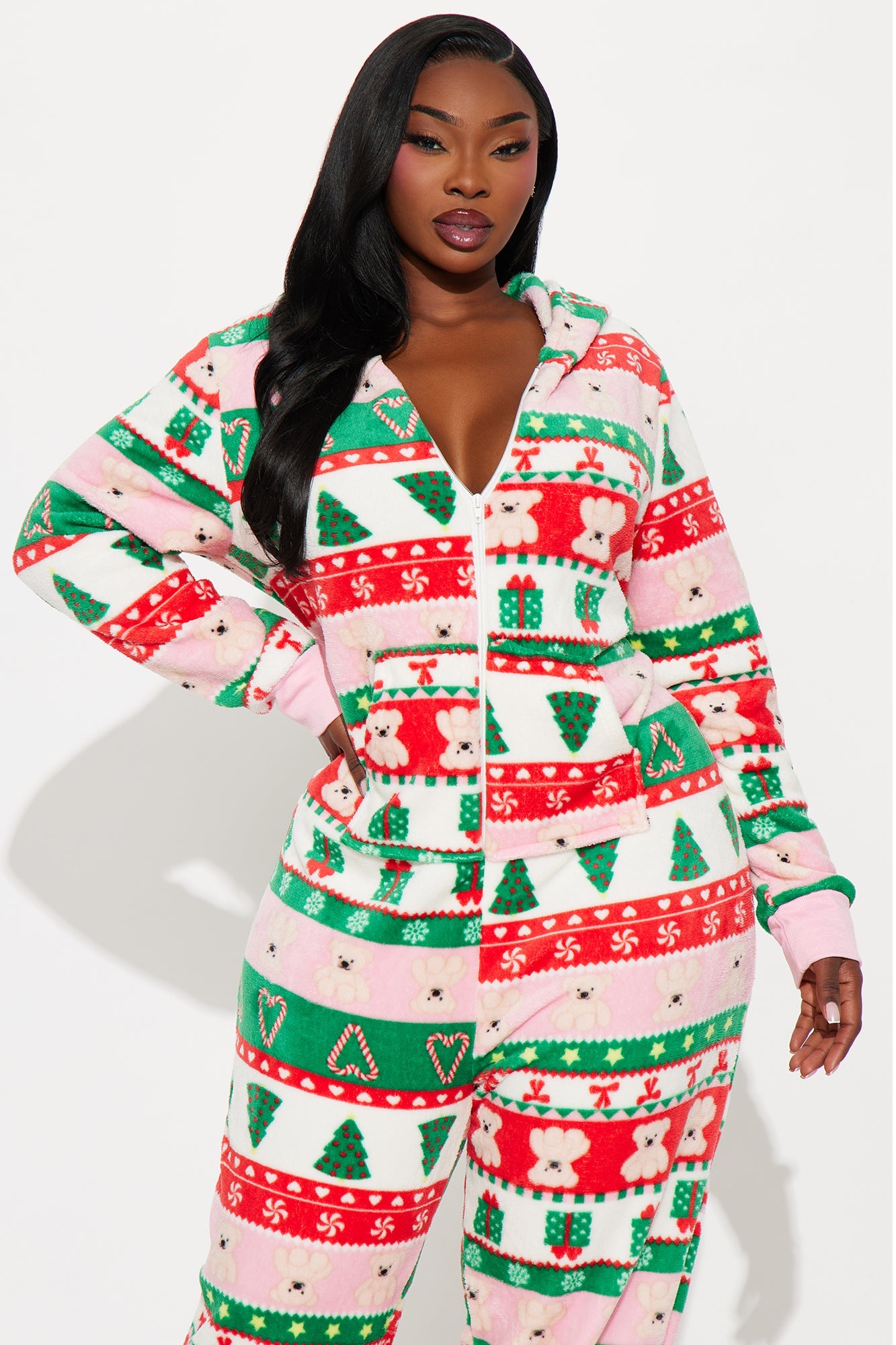 Sweetest Holiday Plush Hoodie PJ Jumpsuit Onesie - Green/combo