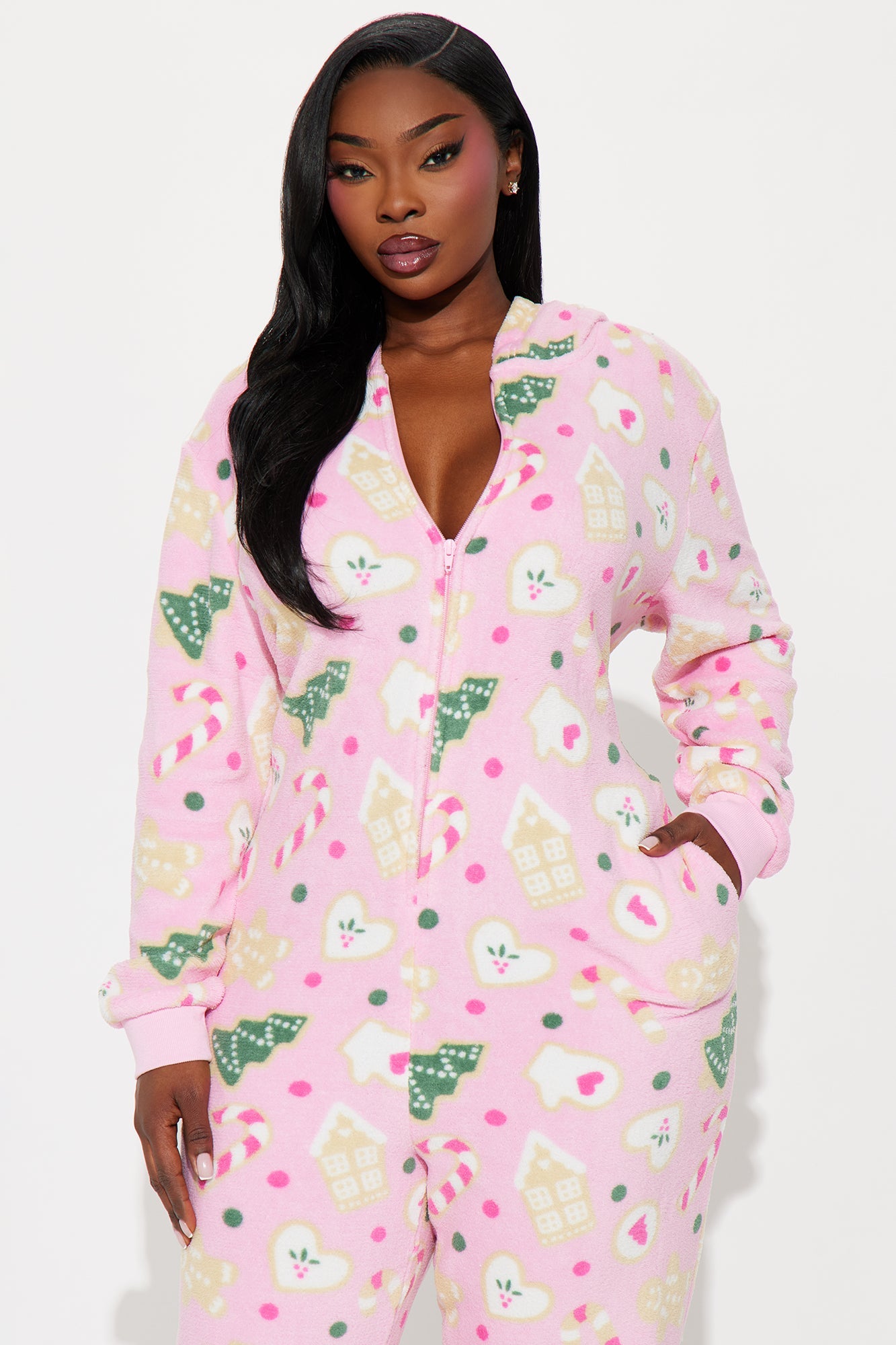 Christmas Treats Plush Hoodie PJ Jumpsuit Onesie - Pink/combo
