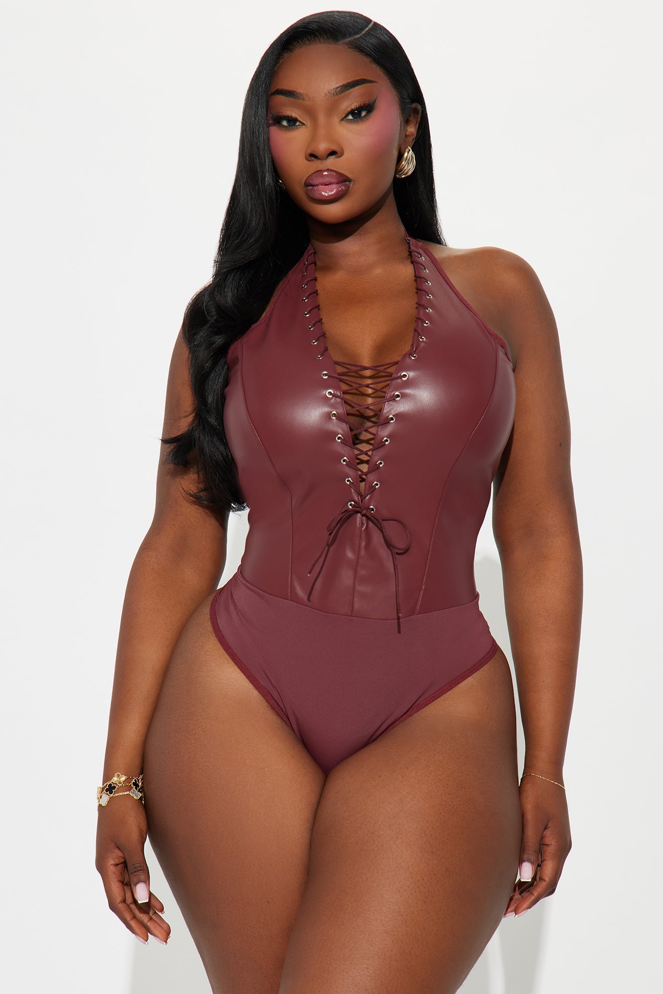 Lace Up Faux Leather Bodysuit Thong Teddy - Brown