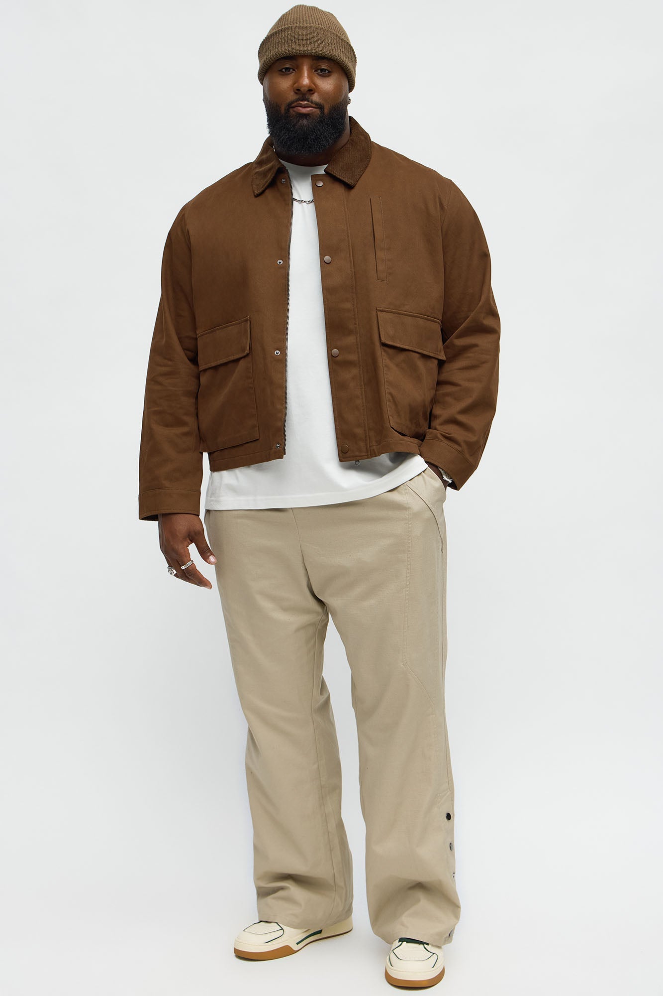 Cropped Utility Corduroy Collar Work Jacket - Brown
