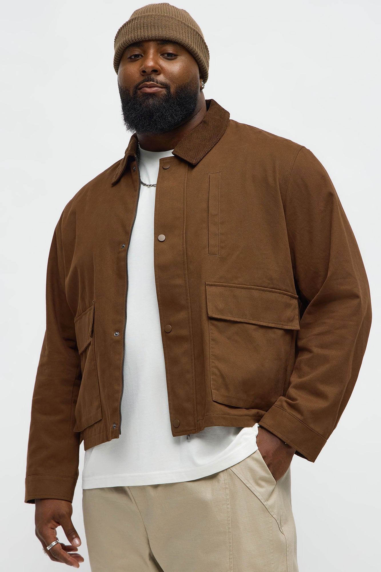 Cropped Utility Corduroy Collar Work Jacket - Brown