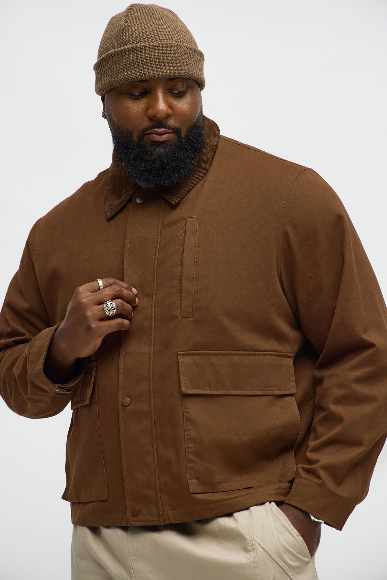 Cropped Utility Corduroy Collar Work Jacket - Brown