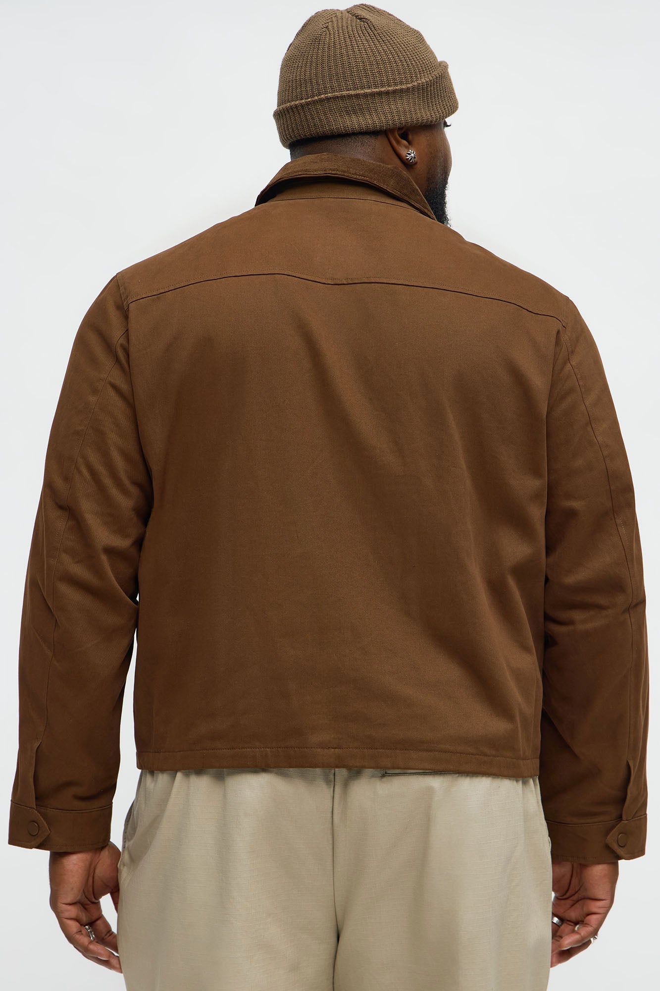 Cropped Utility Corduroy Collar Work Jacket - Brown