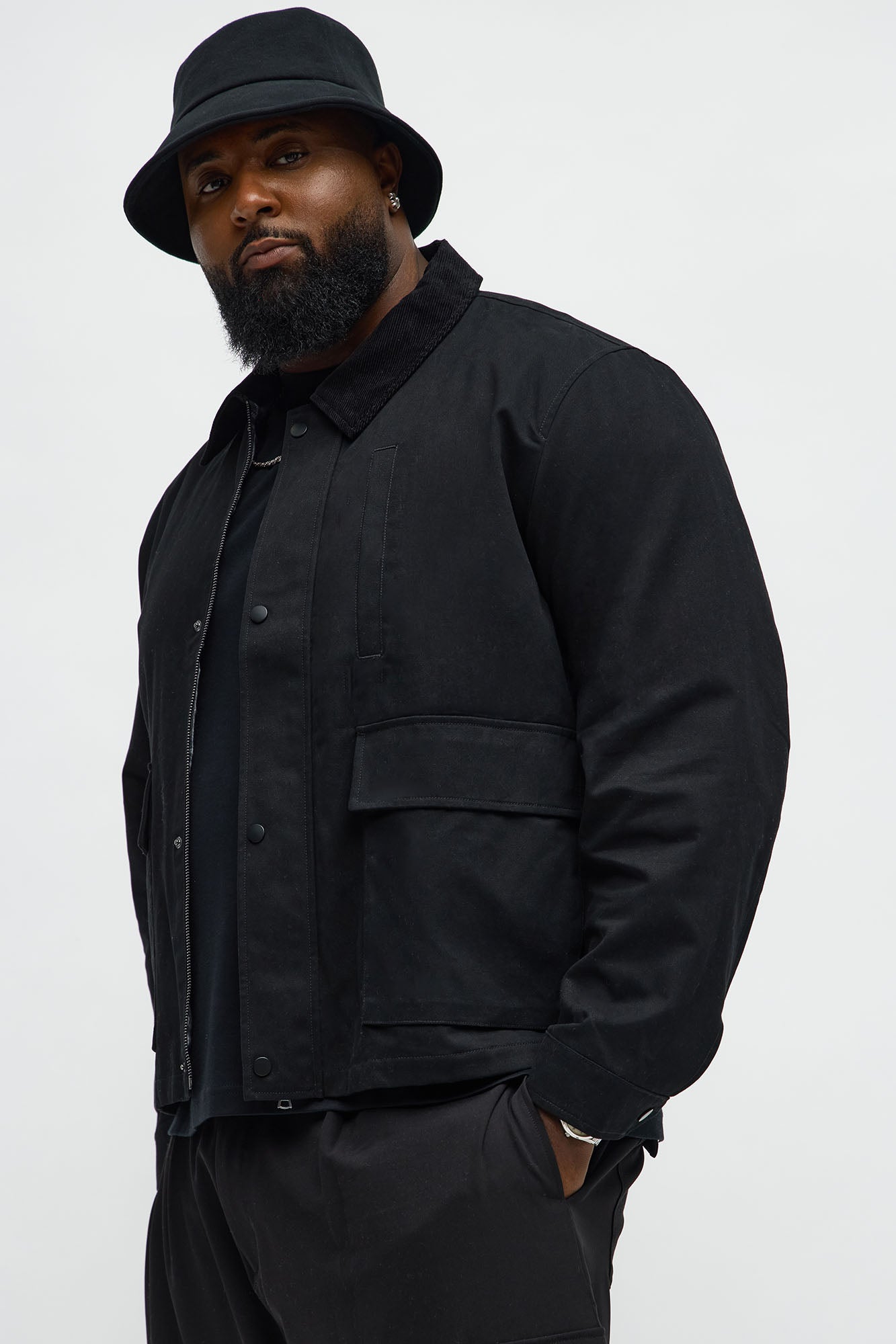 Cropped Utility Corduroy Collar Work Jacket - Black