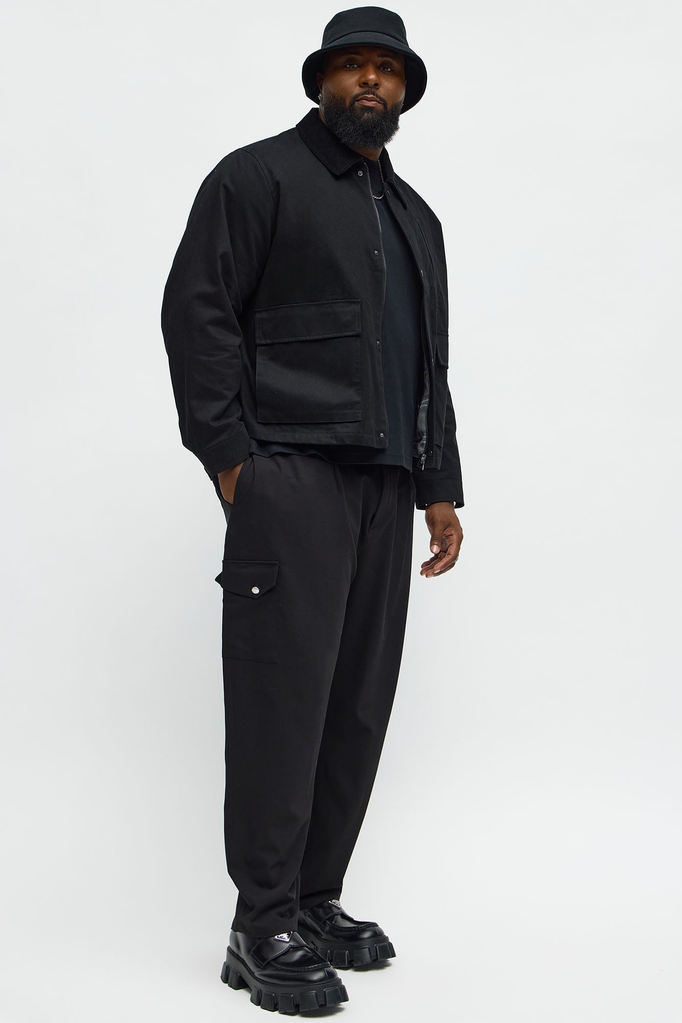 Cropped Utility Corduroy Collar Work Jacket - Black
