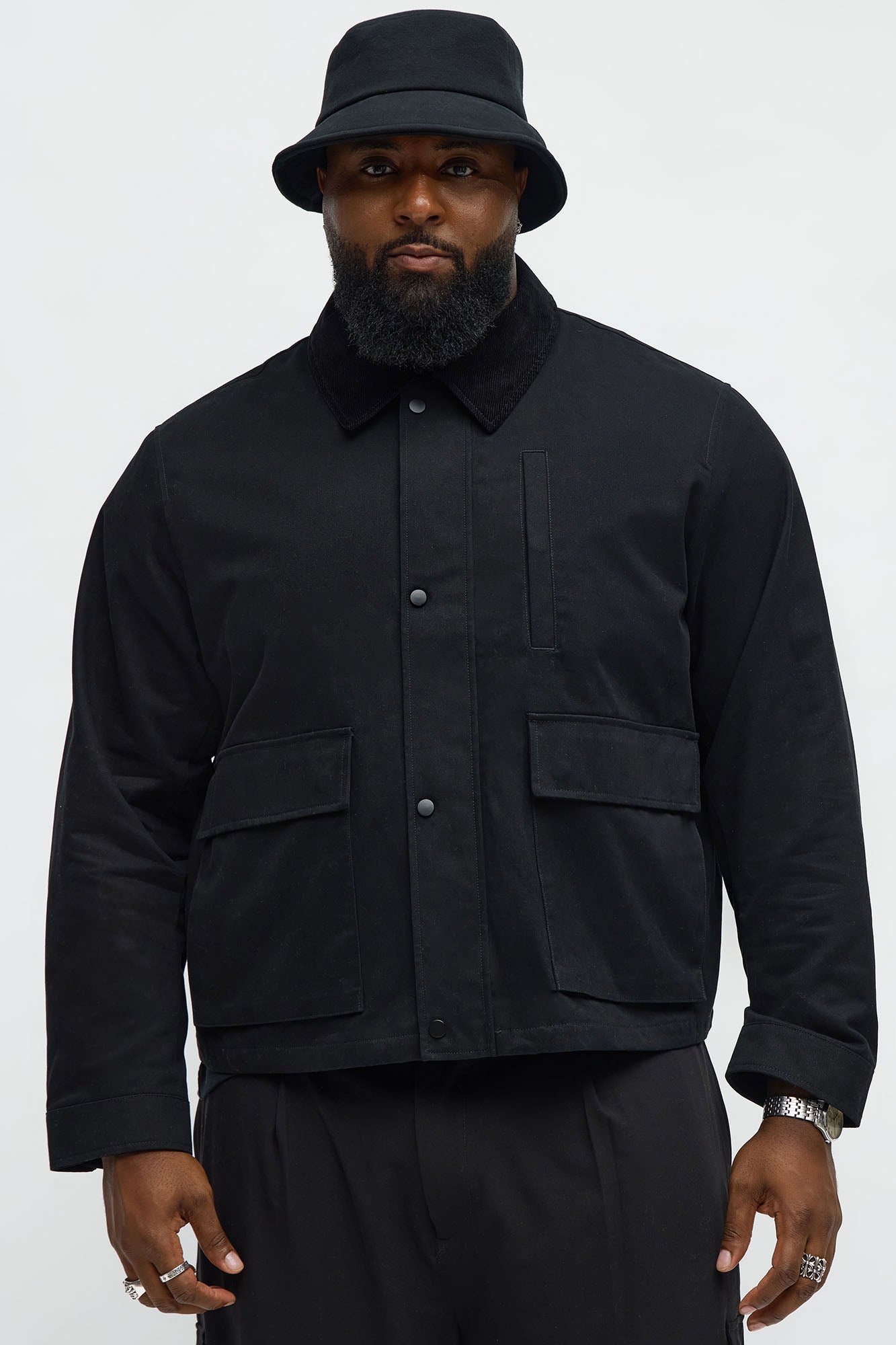 Cropped Utility Corduroy Collar Work Jacket - Black