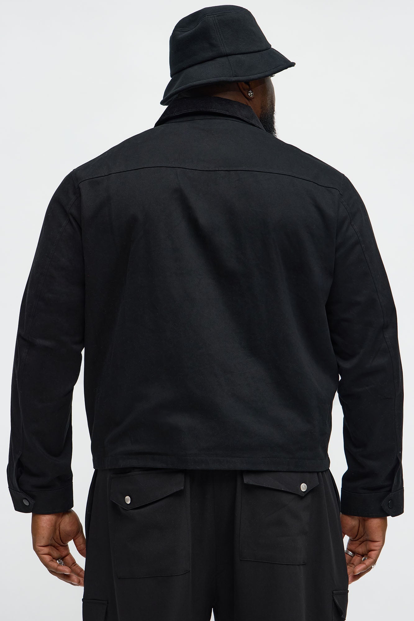 Cropped Utility Corduroy Collar Work Jacket - Black