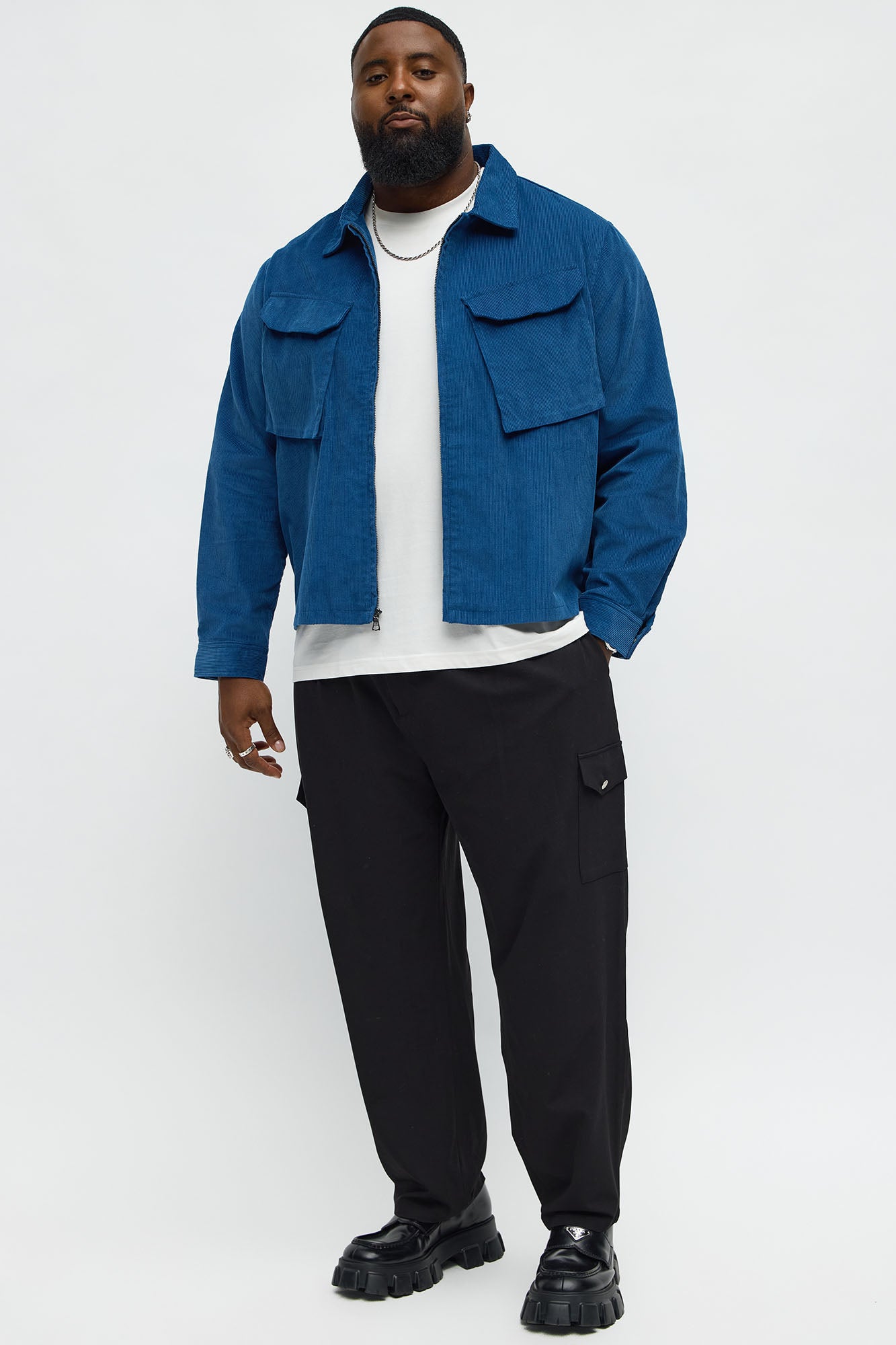 Textured Corduroy Cargo Pocket Zip Jacket - Blue